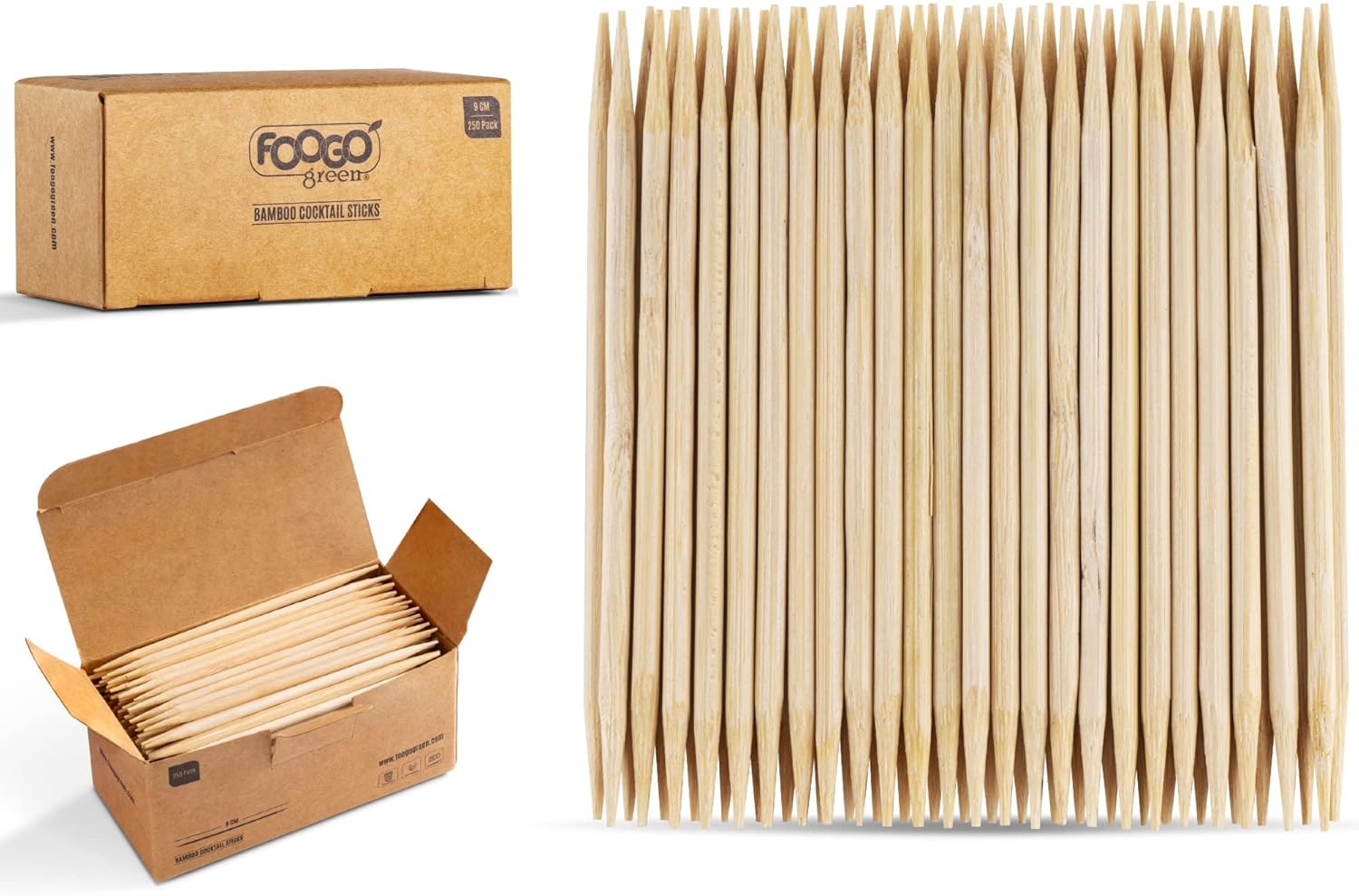 FOOGO Green 250pcs Bamboo Cocktail Sticks, FSC® Certified, 9cm, Wooden
