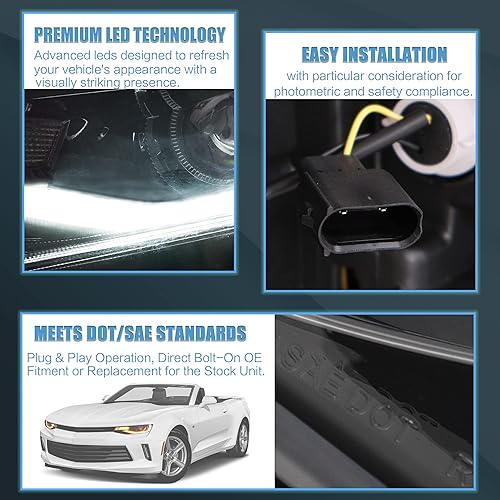 Miniatura 6 de VLAND Conjunto de faros y luces traseras para Chevrolet Camaro 6 generación 2016-2018 (LT, SS, RS, ZL, LS) con animación de inicio, rojoblanco y