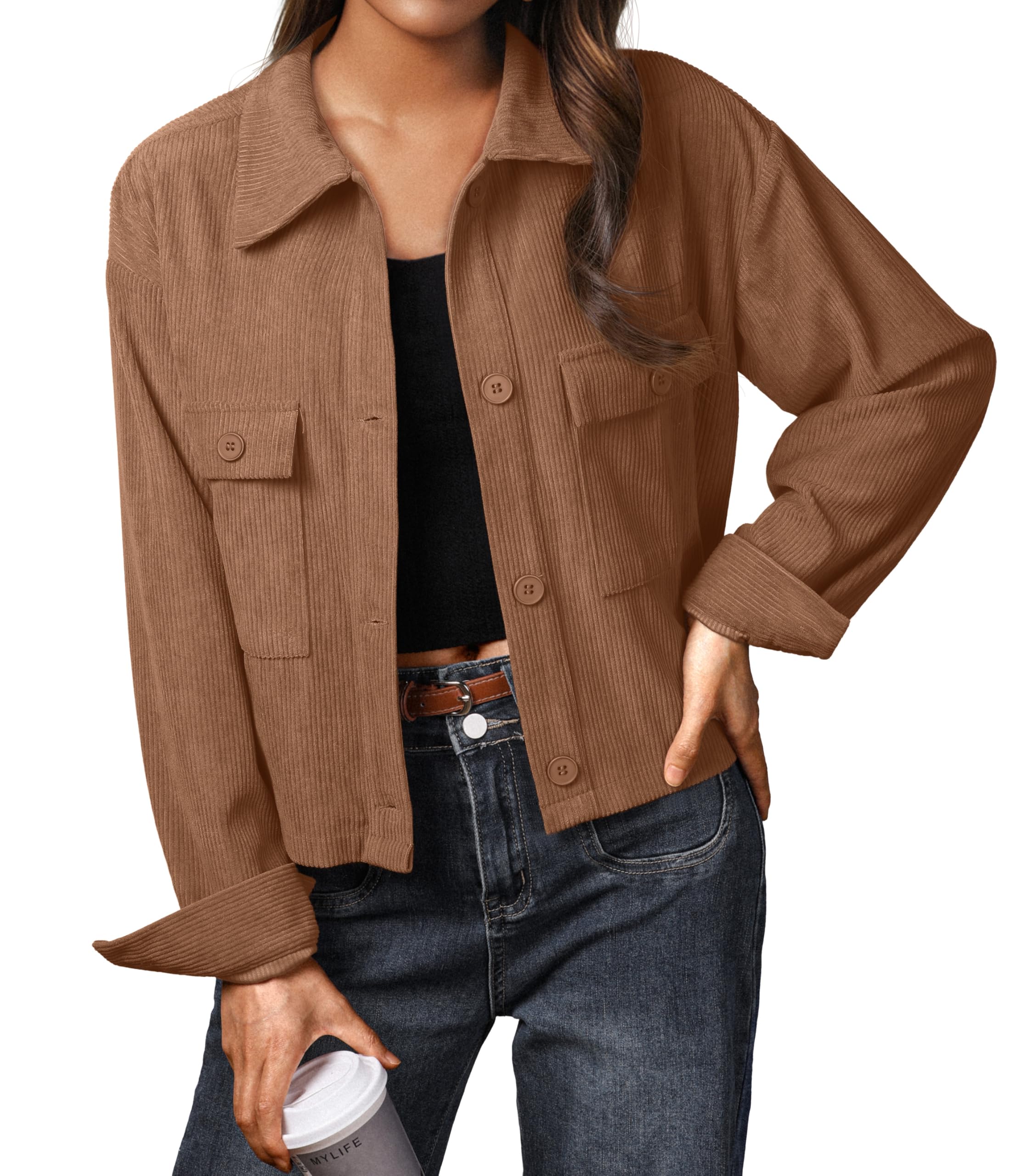 IWOLLENCE Cordjacke Damen Hemdjacke Cordhemd Kurzjacke Langarm Revers Button-Down Shacket Mantel