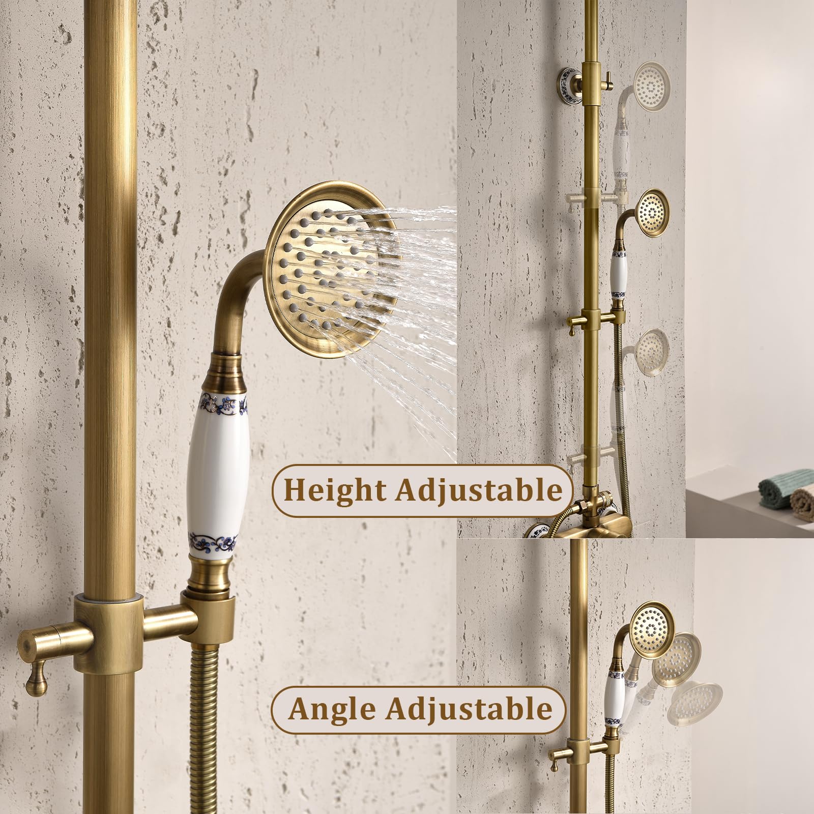 ESOP Conjunto de Ducha Retro Sistema de Ducha Montaje en La Pared Columna de Ducha Latón Set de Ducha con 20cm Giratorio Alcachofa de Ducha, Alcachofa de Mano, Ajustable Barra de Ducha