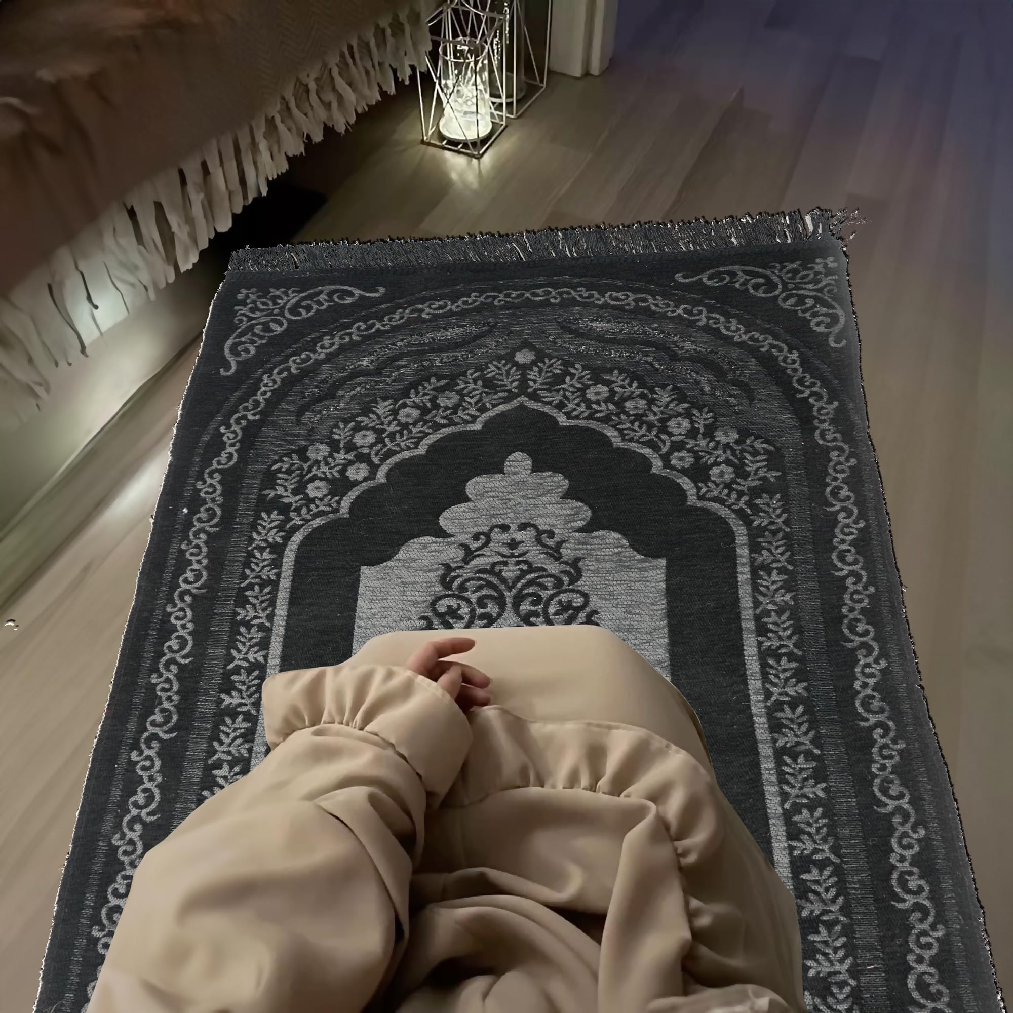 Luxury Velvet Chenille Super Soft Designer Janamaz Namaz Prayer Mat 70 x 110 cm Luxury Black-image-44