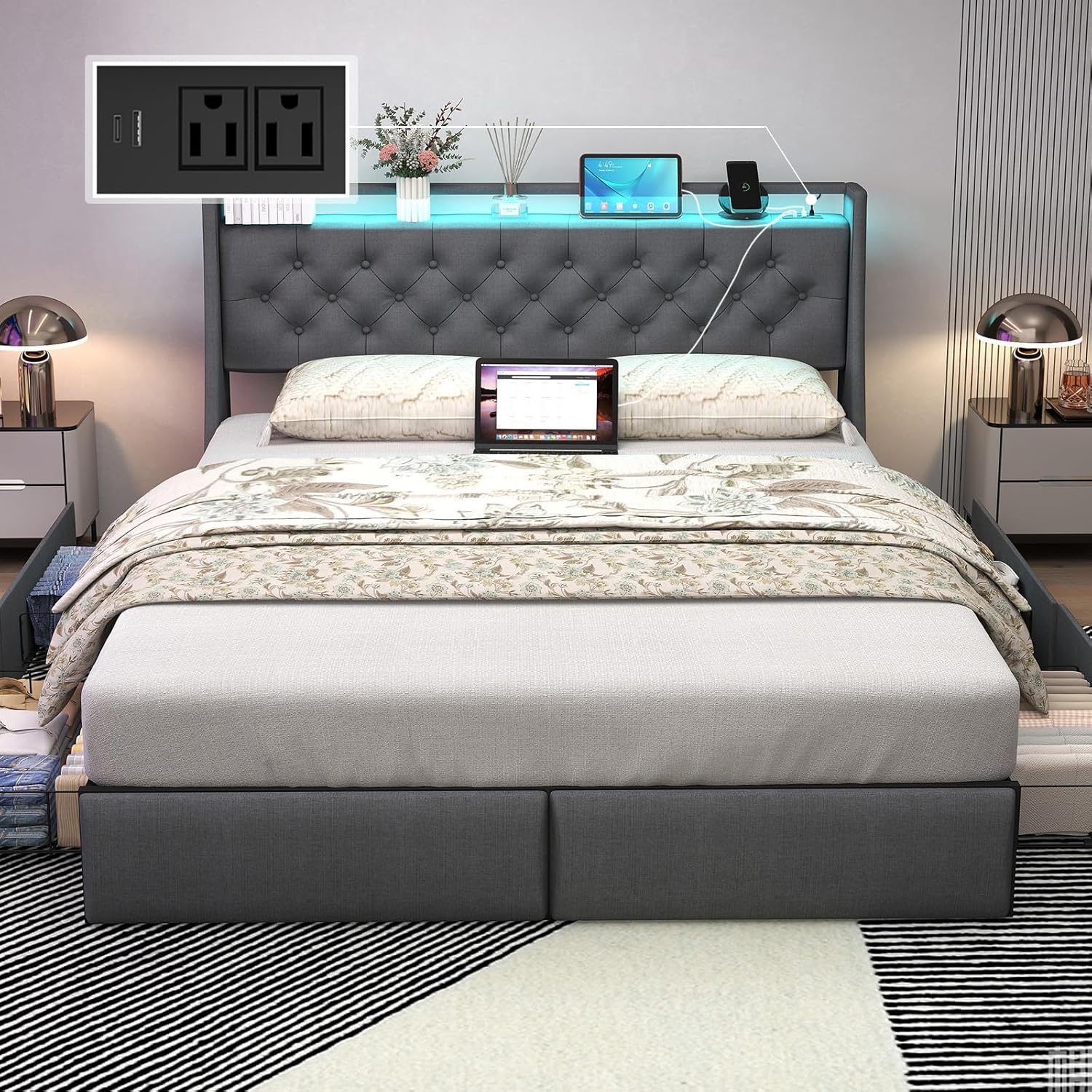 Bed frame with side panels and drawers