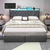 Vista 7 de Base de cama Queen con 4 cajones de almacenamiento y luces LED, plataforma tapizada tamaño Queen con estación de carga, soporte de listones