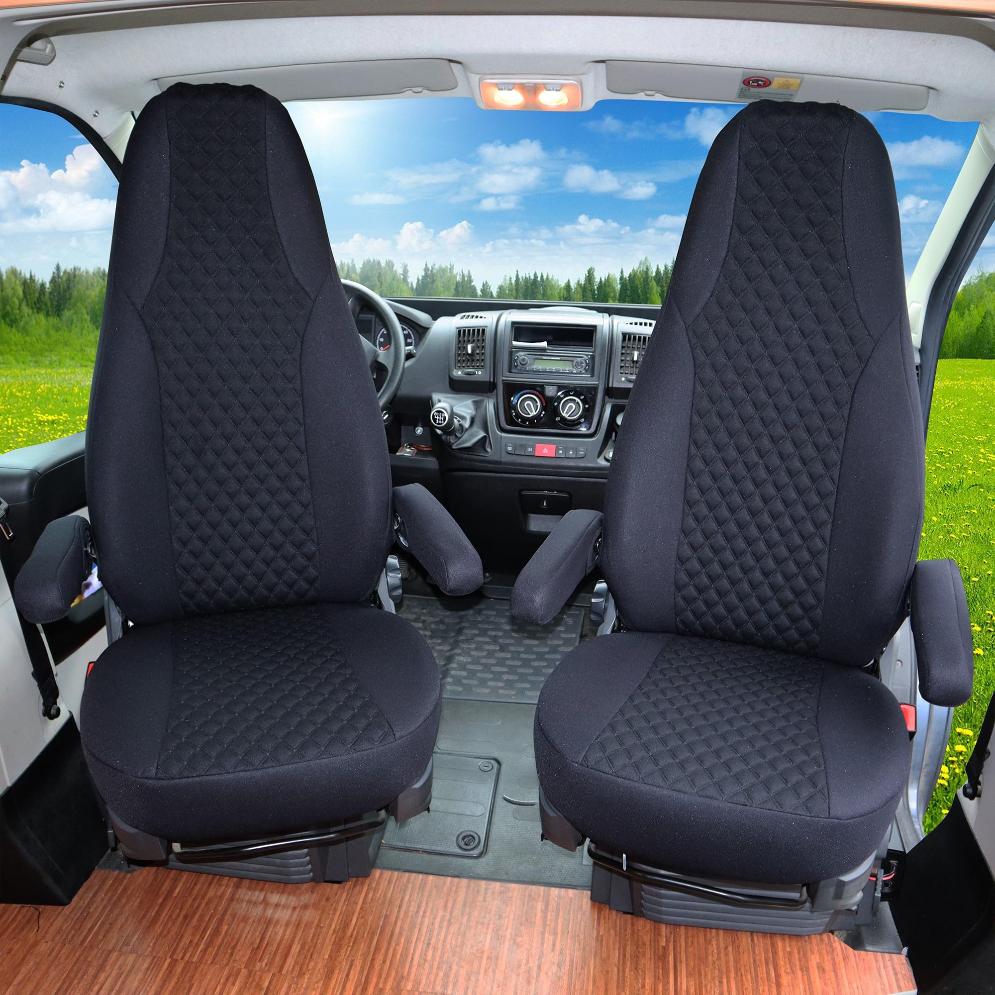 BREMER SITZBEZÜGE Maß Piloten Schonbezüge Sitzbezüge kompatibel mit Wohnmobil Camper Hymer Ducato Wohnmobil Zubehör | 2er Schonbezug Set inkl. Armlehnen-Bezüge in Schwarz | WMS704