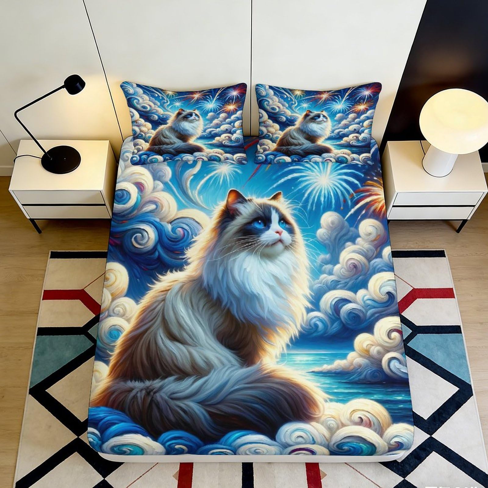 3D Printed Fireworks Cat Fitted Sheet Microfiber Soft Mattress Cover for Bedroom Decor Dorm Guest Room Easy Care 90x200x25cm