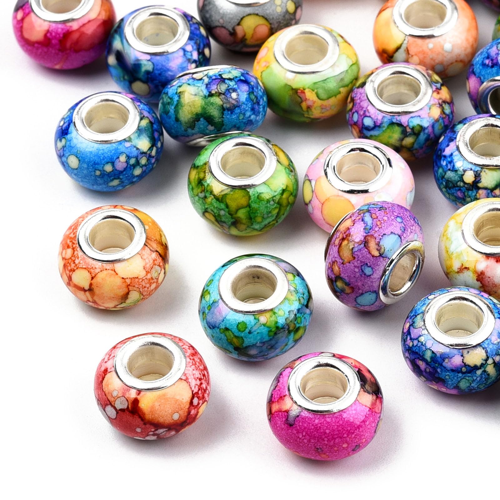 100 Stück Wasserfarben-Harz-Perlen mit großem Loch, europäische Perlen, silberner Messingkern, Rondelle-Charms für Armbänder, Halsketten, DIY-Stifte, Makramee-Haarzöpfe