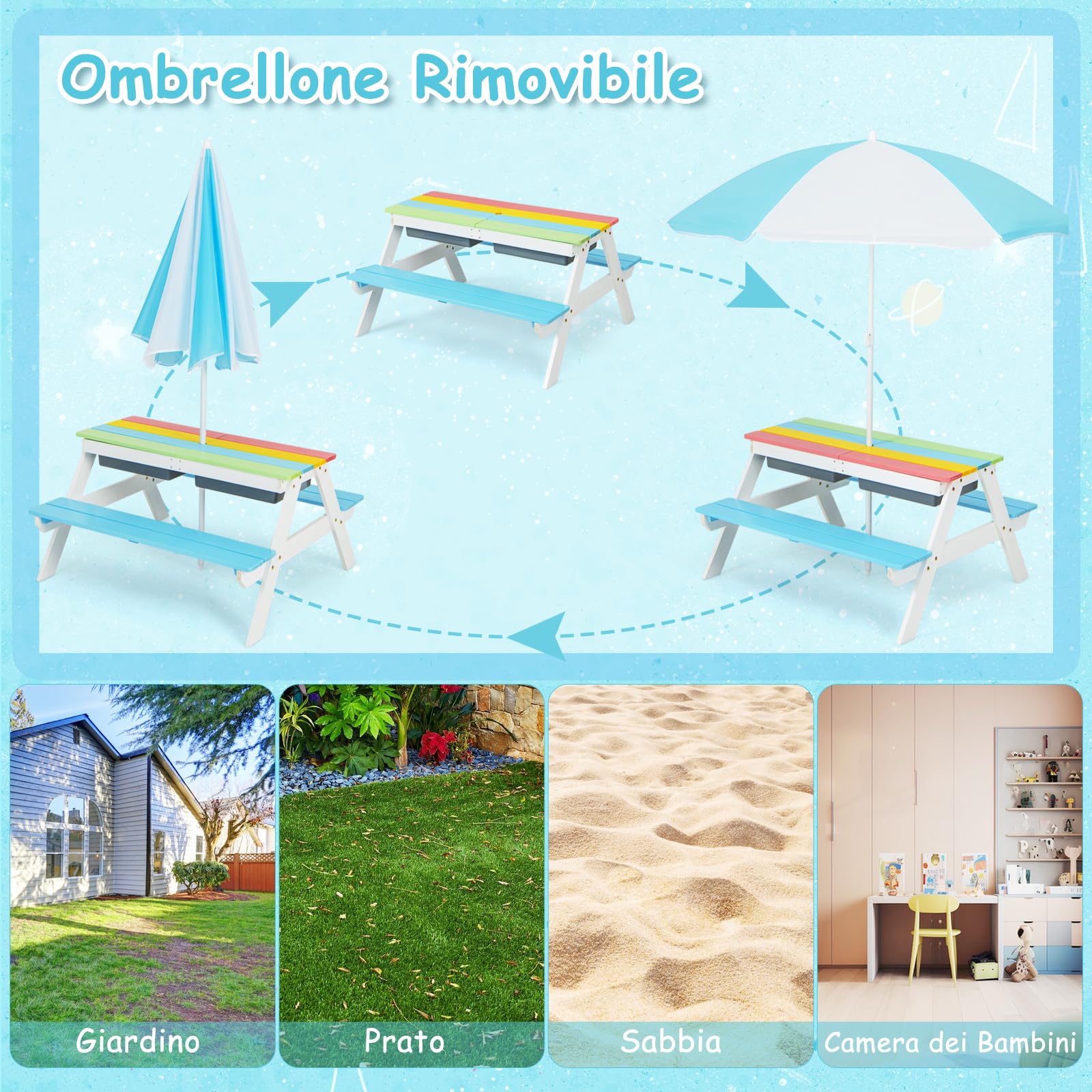 COSTWAY Set Tavolo e Sedie per Bambini da Giardino 3 in 1, con Ombrellone Rimovibile e Regolabile, Piano Rimovibile, Tavolo con Panche in Legno per Bambini da Interno Esterno (Blu e Bianco)