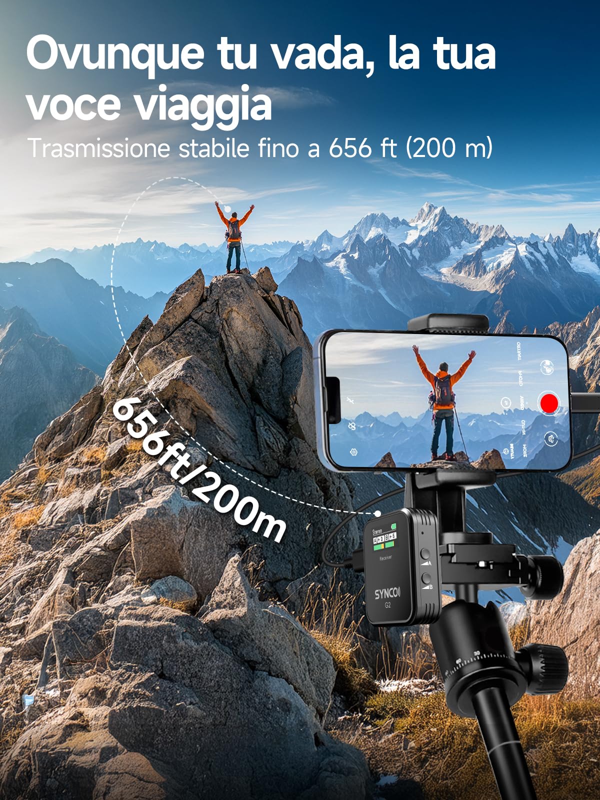 SYNCO G2 (A2) Microfono Lavalier Wireless per Android/Fotocamera/iPhone, Doppio Microfono Clip Senza Fili 2.4Ghz con Riduzione del Rumore e Display TFT 200m per DSLR YouTube Live Streaming Vlogging
