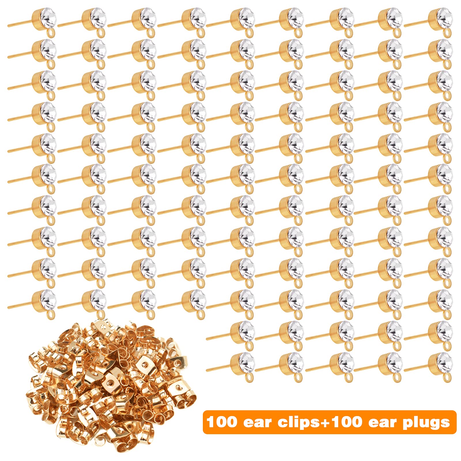 100pcs 5mm Rhinestone Earring Studs Hypoallergenic Earrings Posts with Loop and 100pcs Butterfly Earring Backs for DIY Earring Jewelry Making Supplies