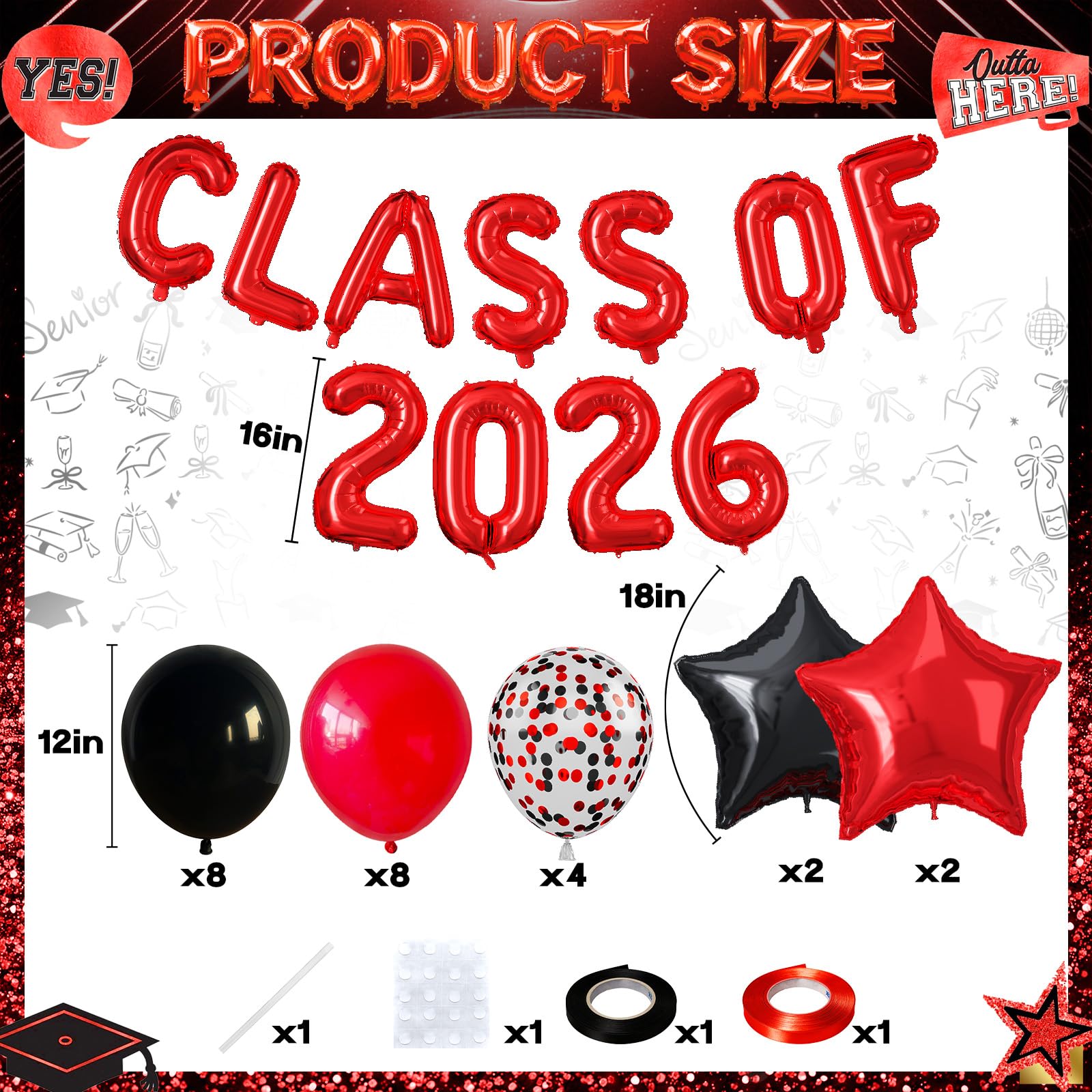 Photo 1 of Froova 2026 Graduation Balloons Set, Black and Red Graduation Party Decorations Class of 2026 Balloons with Star Foil Balloon for Preschool High School College Congrats Grad Party Decorations