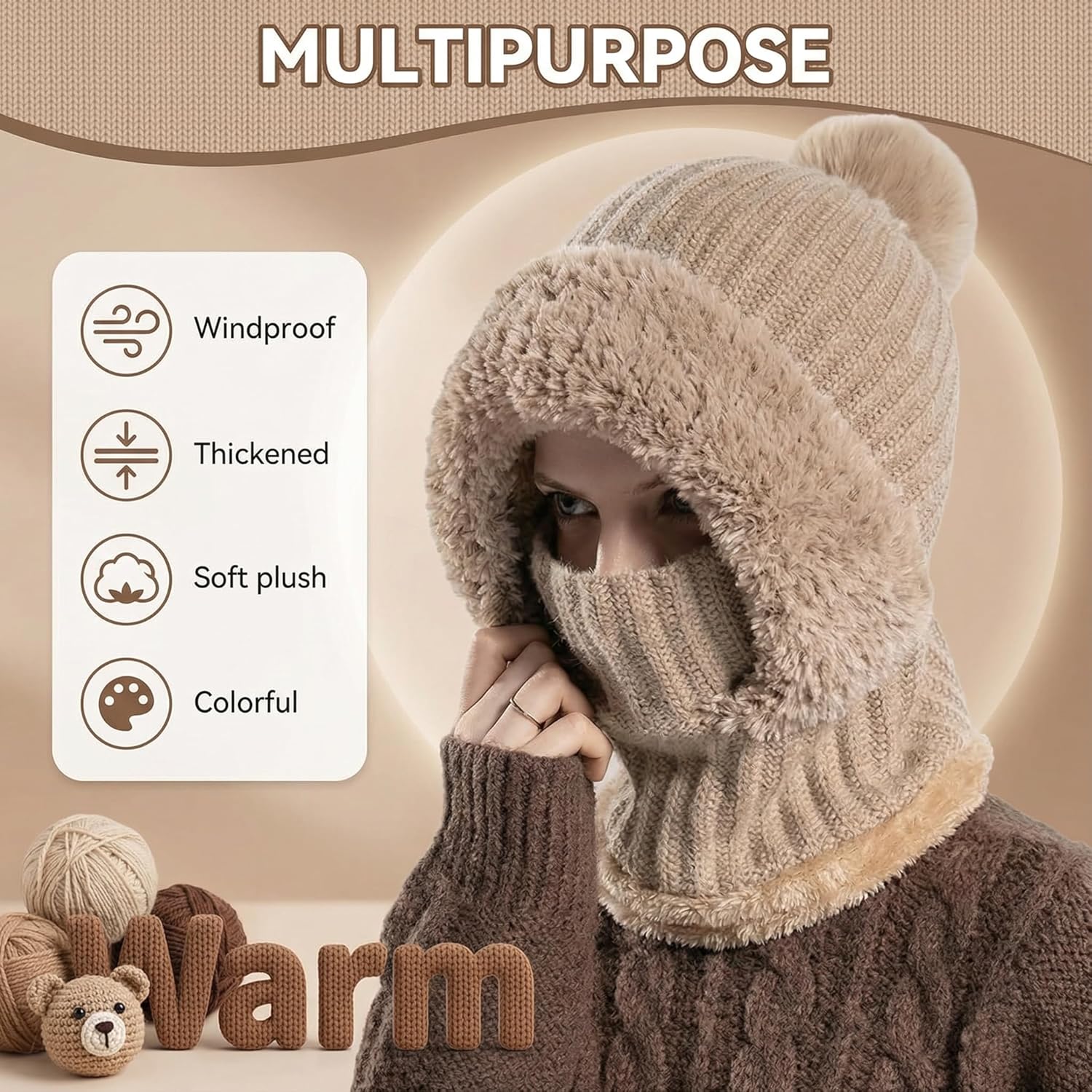 3 in 1 Beanie Hat for Women,3 in 1 Beanie Hat with Scarf and Mask