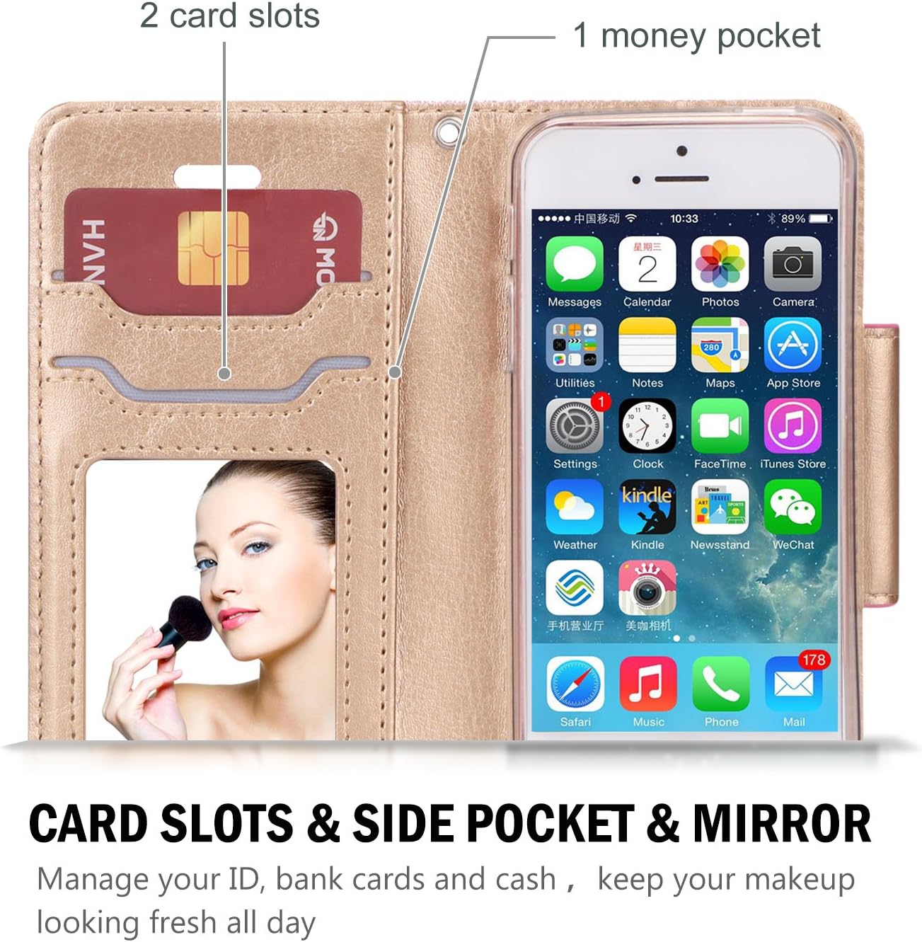 ProCase iPhone SE / 5S Case Cover (Old Model), Wallet Flip Case, with Wristlet Strap, Build-in Card Slots and Mirror, Stylish Slim Stand Cover for Apple iPhone SE / 5S (Glitterpink)