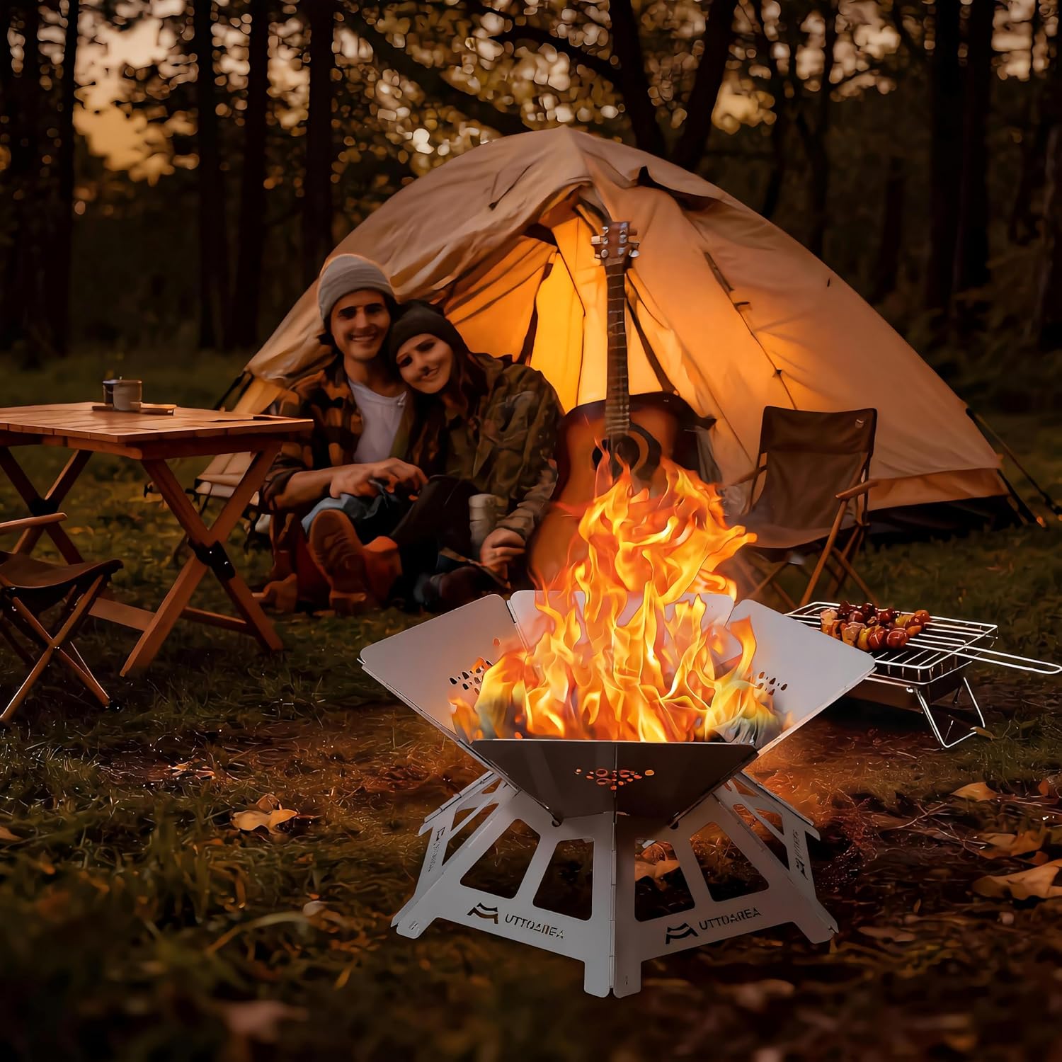 21" Portable Outdoor Fire Pit, 0.8mm Thick Stainless Steel Collapsible Wood Burning Pit with Charcoal Grill Net & Storage Bag for Patio, Backyard BBQ, Camping & Beach Bonfires