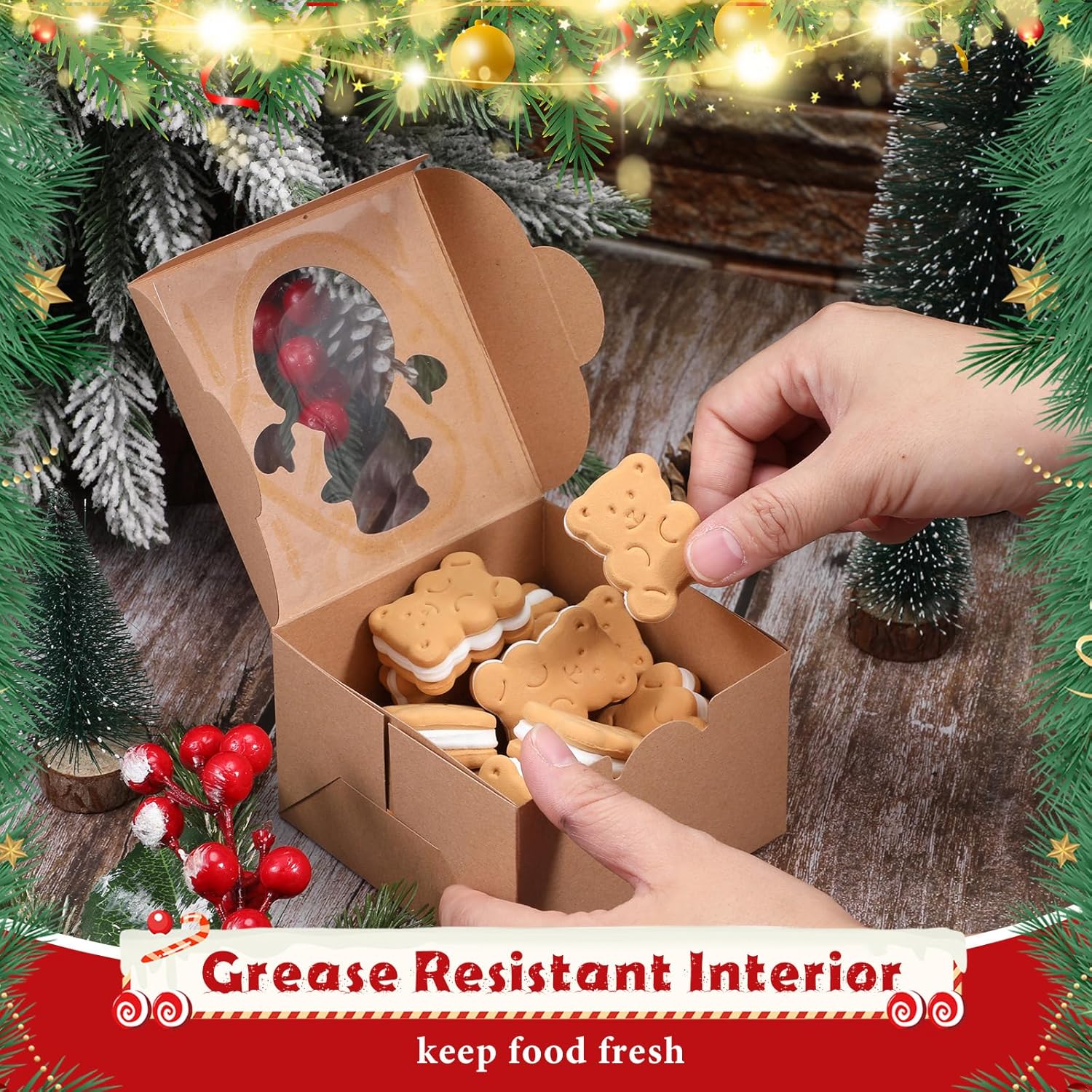 Zhanmai 50 Set Christmas Cookie Boxes with Window 4 x 4 x 2.5 Inches Brown Kraft Treat Boxes Small Xmas Bakery Cupcake Boxes Square Holiday Gift Box for Xmas Party Favor Pastries, Brownies, Donuts - Image 5