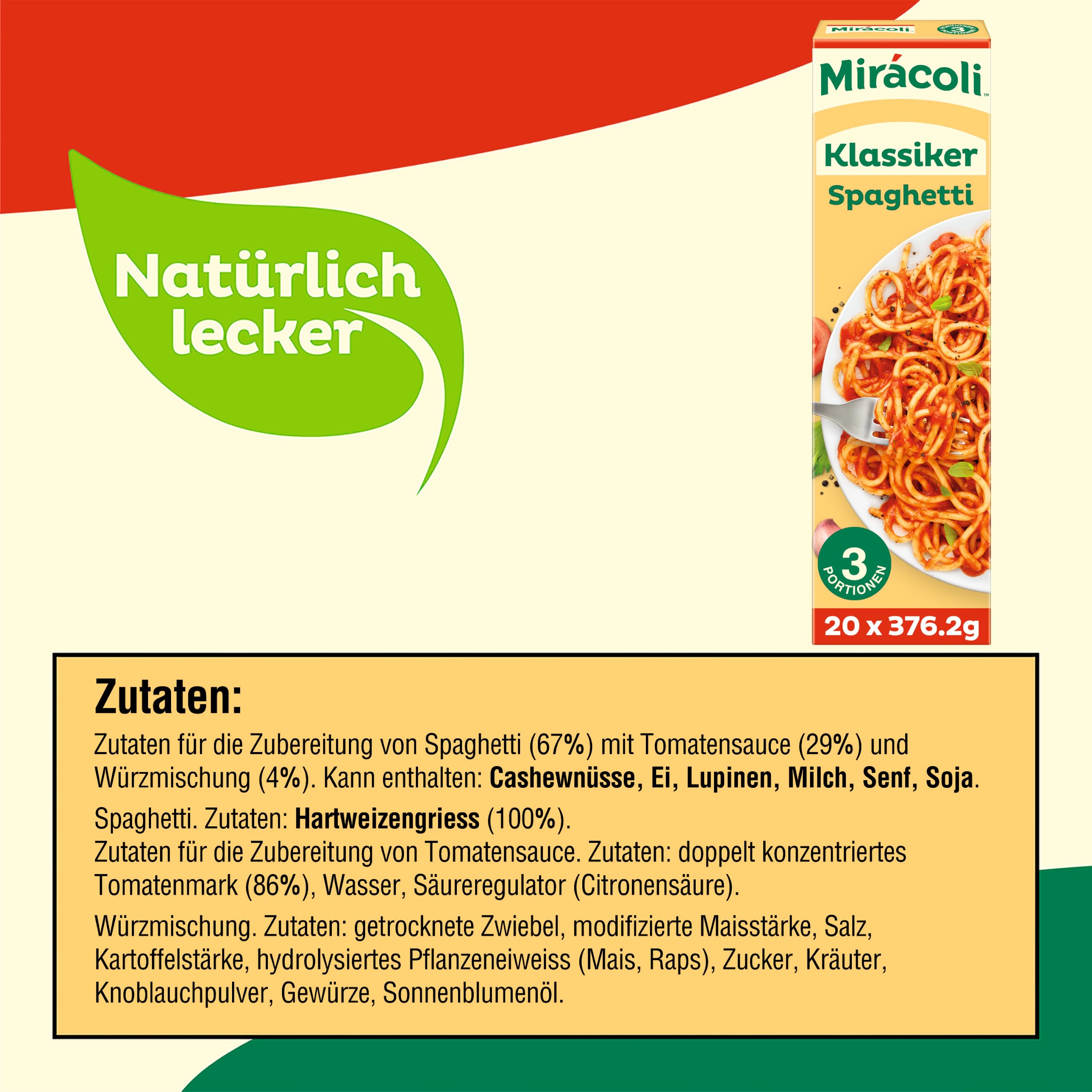 MIRACOLI™ 3 Portionen Spaghetti Klassiker 20x376,2g | 20 Packungen, Spaghetti mit Tomatensauce, Original Würzmischung, 3 Portionen pro Packung