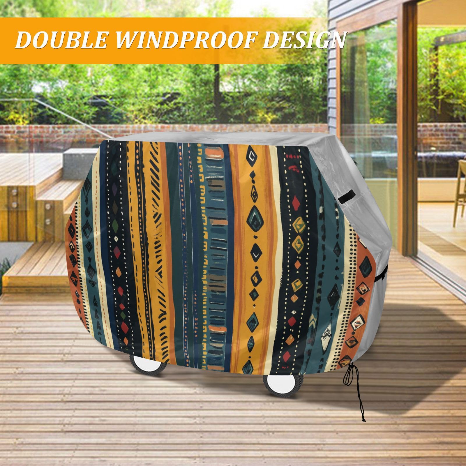 Pionowe paski boho retro pokrowiec na grilla 150 cm wodoodporny wytrzymały odporny na rozdarcie odporny na blaknięcie materiał pokrowiec na grilla z regulowanym sznurkiem na kurz i wiatr