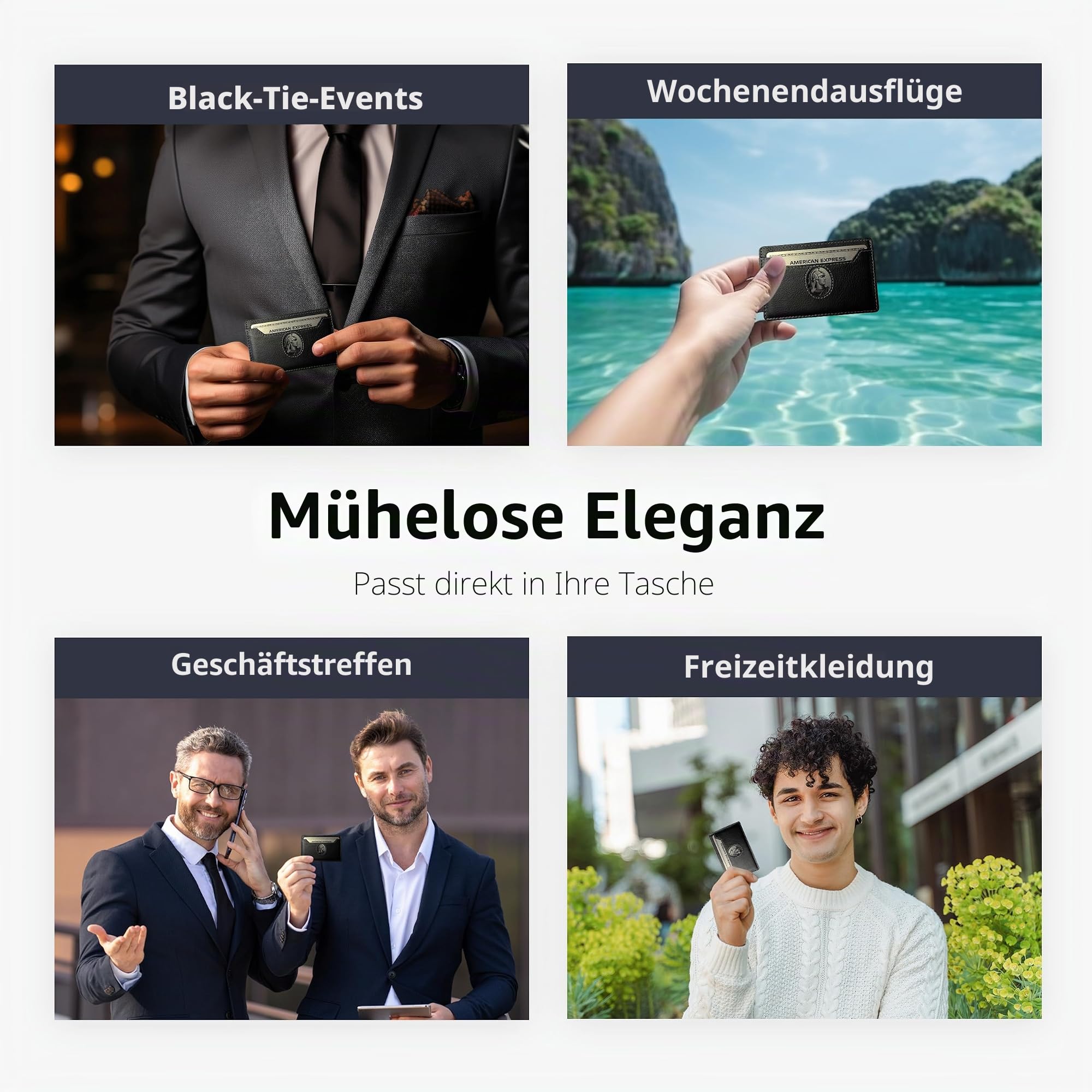 Minimalistische Geldbörse für 2 Karten für Damen & Herren – Echtes Leder Ultra Dünn Schwarz Kreditkartenetui – Kompatibel mit American Express Platinum