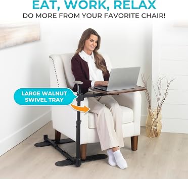 Stander Wonder Tray Plus, Adjustable Recliner Swivel TV Tray with Standing Handle for Seniors & Elderly Adults, Walnut Laptop Desk for Couches & Chairs, Mobility Aid Sit and Stand Assist