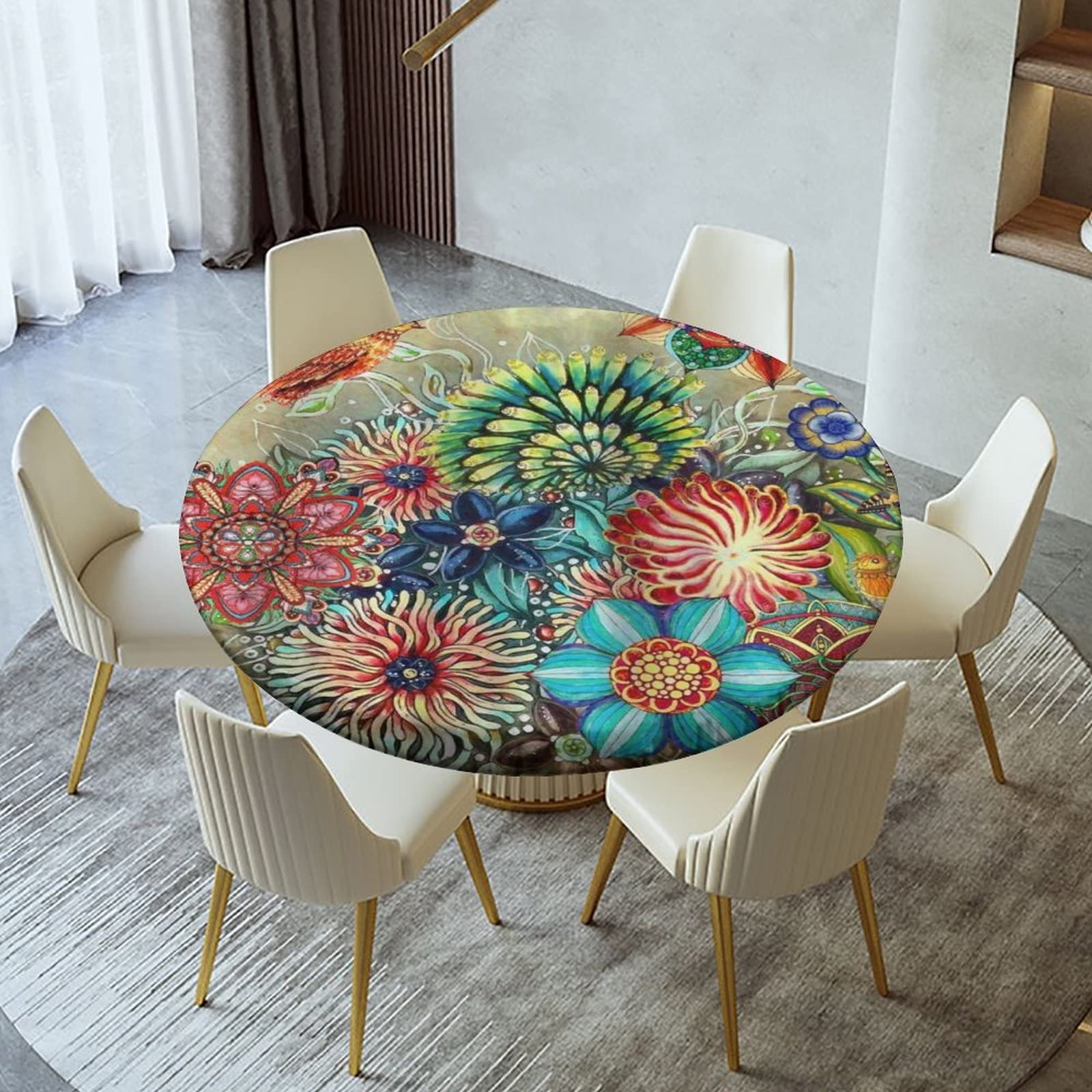JKSER Bohemian Floral Round Tablecloth - Elastic Fitted, Waterproof & Oil Proof, Fits 28-32 Inch Tables