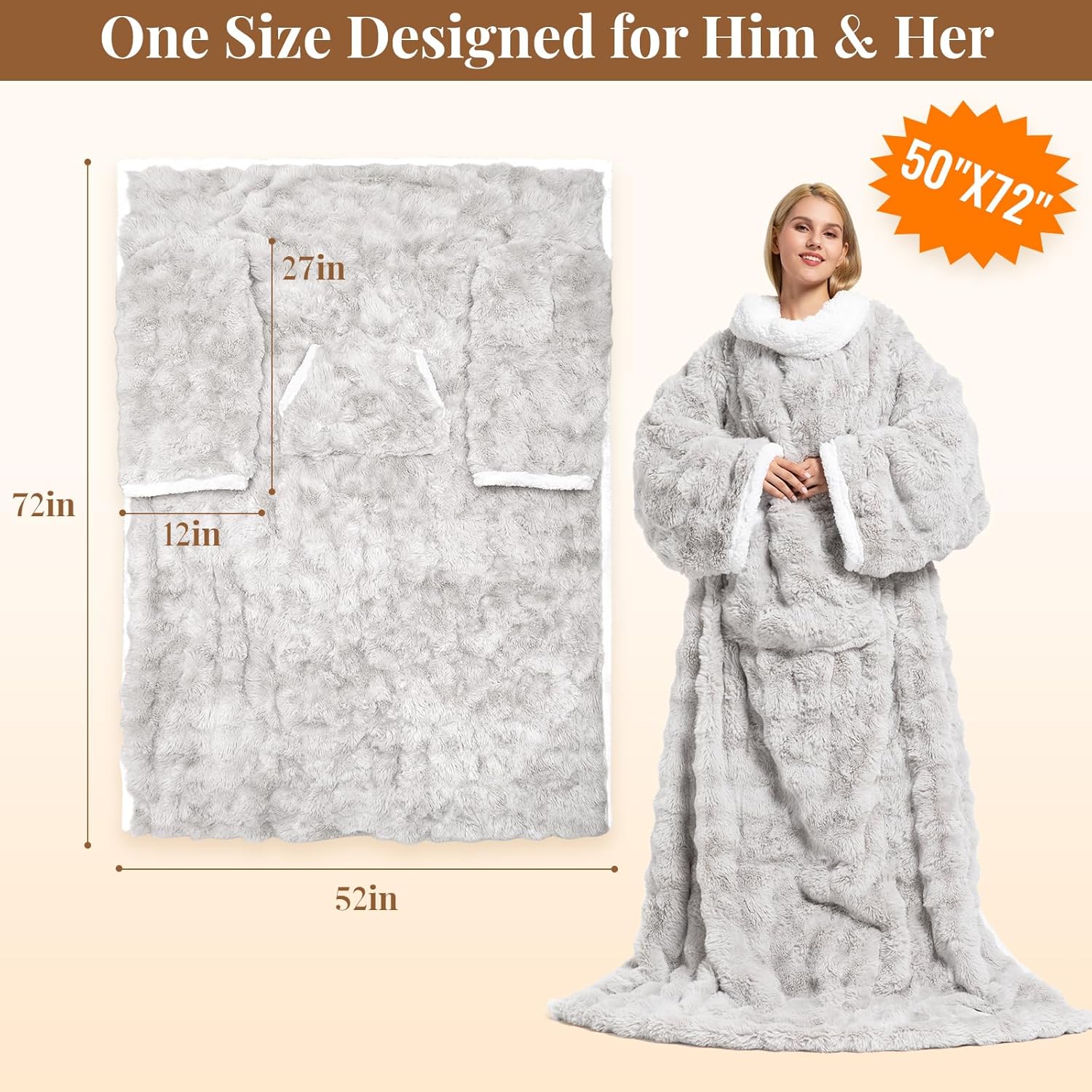 Wearable Heated Blanket, Luxury Faux Fur & Sherpa Electric Throw Blanket with Sleeves, Foot Pockets, Heated Robe for Women Men Gift, 3 Heat Levels & 12H Timer, ETL & FCC Certified, 52"x 72" Light Grey - Image 5