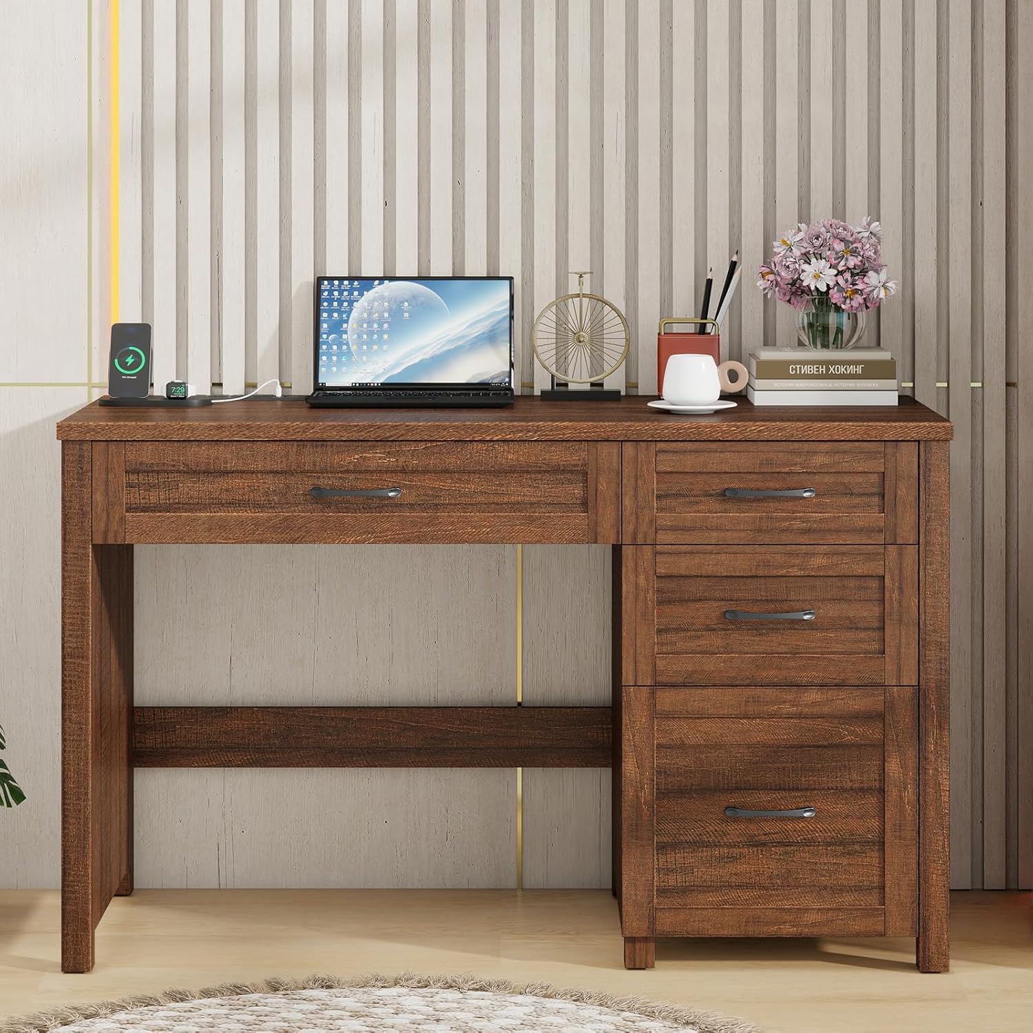 Farmhouse 47" Executive Desk with File and Storage Cabinet,Wood Home Office Computer Desk with Charging Station,for Work Study Writing，Red-Brown.