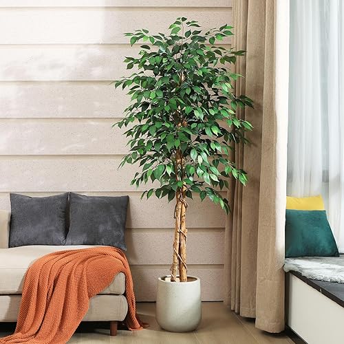 Miniatura 5 de Árbol de ficus artificial de 6 pies con tronco de madera natural, árbol de ficus falso de seda en maceta de plástico para guardería, planta