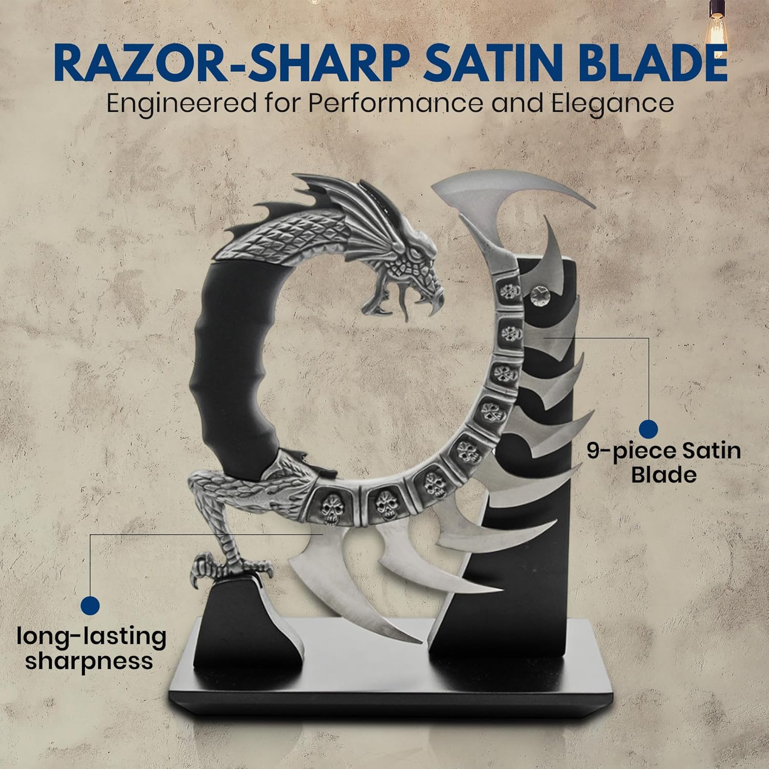 Rite Edge 8.5" Dragon Spine Decorative Knife Set – Circular Dragon Design with Satin Blades, Zinc Alloy Handle, and Wooden Display Stand – Unique Collectible