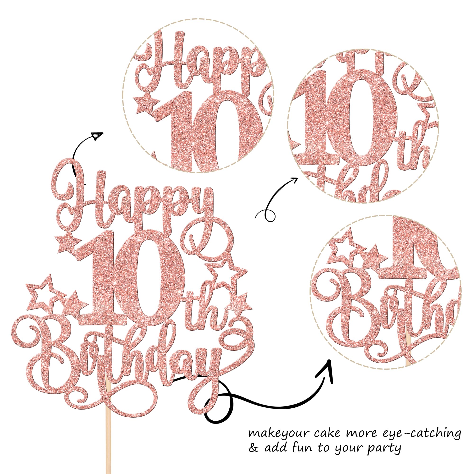 Topper per torta con scritta Happy 10th Birthday, colore oro glitterato per 10 anni, decorazione per feste di compleanno, decorazione per feste di compleanno (oro