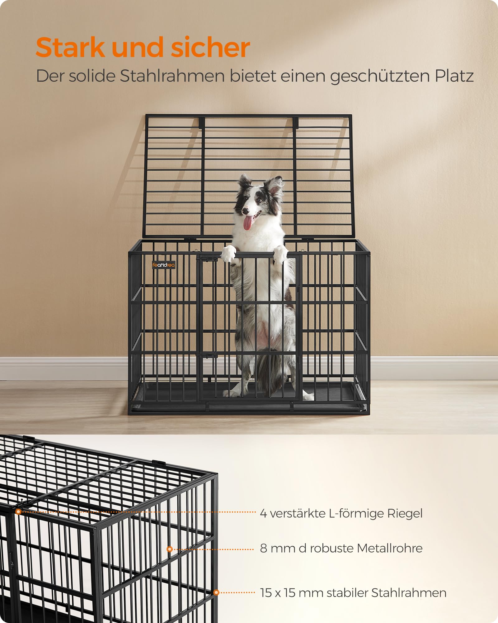 Feandrea Hundekäfig hochbelastbar, Hundebox, 107 x 70 x 75 cm, für mittelgroße und große Hunde, mit herausnehmbarer Bodenschale, Doppeltüren, leicht zu reinigen, Haustierkäfig, tintenschwarz PPD005B01