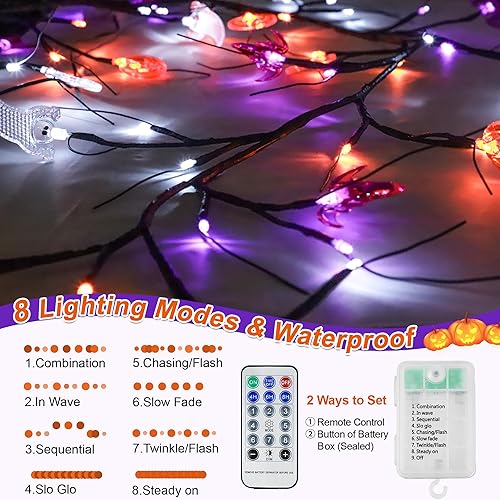 Miniatura 4 de Temporizador guirnalda de decoraciones de Halloween de 6 pies con luces de fantasma, murciélago y calabaza, 8 modos, impermeable, funciona con