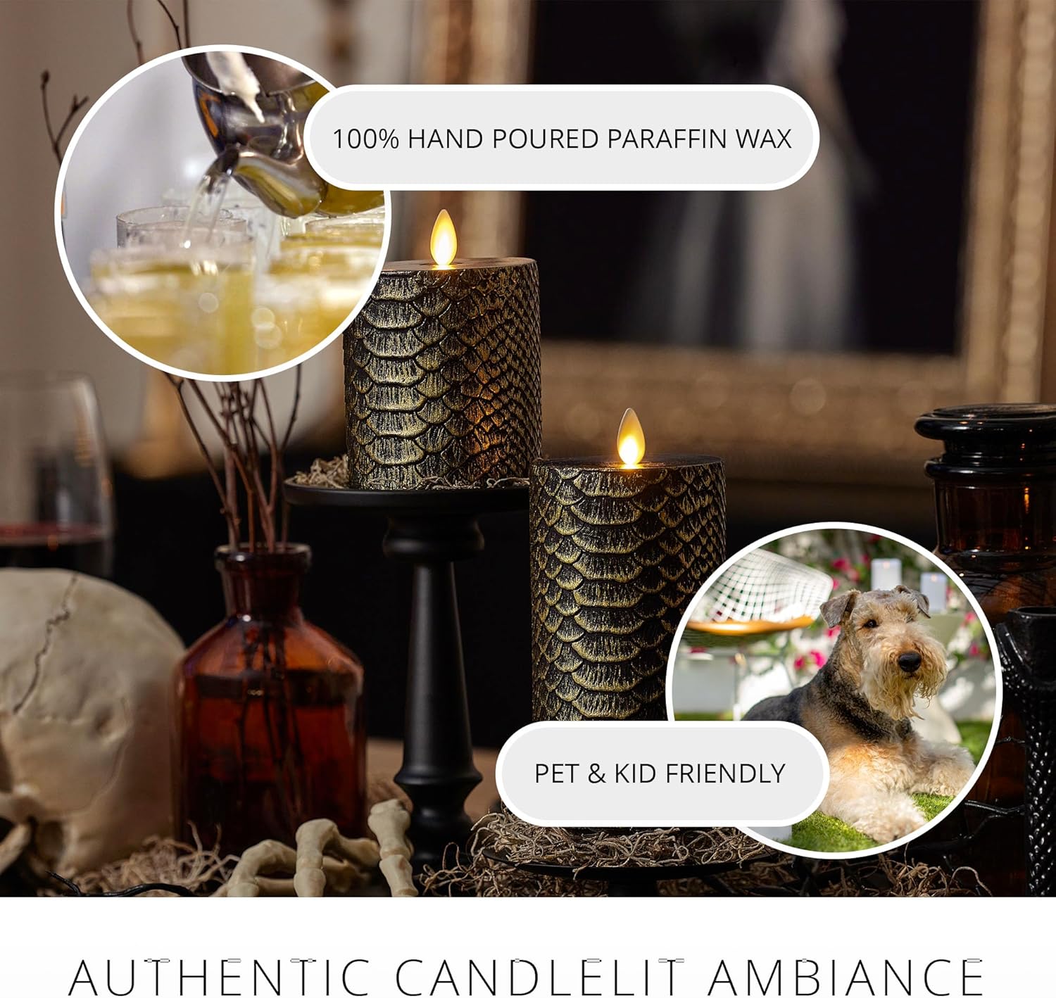 Luminara Snake Pattern Flameless LED Candle, Black & Gold 3" x 4.5", Moving Flame Pillar, Battery Operated Timer Real Wax Halloween Gothic Home Decor