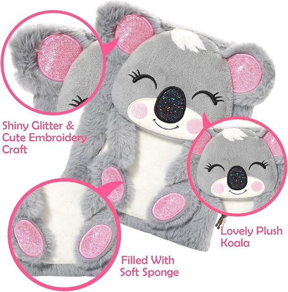 Pinkgarden Koala-Tagebuch für Kinder, 160 Seiten Geheimes Tagebuch, Plüsch-Notizbuch mit Schloss und Schlüssel zum Schreiben und Zeichnen, Geschenke für Mädchen, Kinder, Jungen - 4