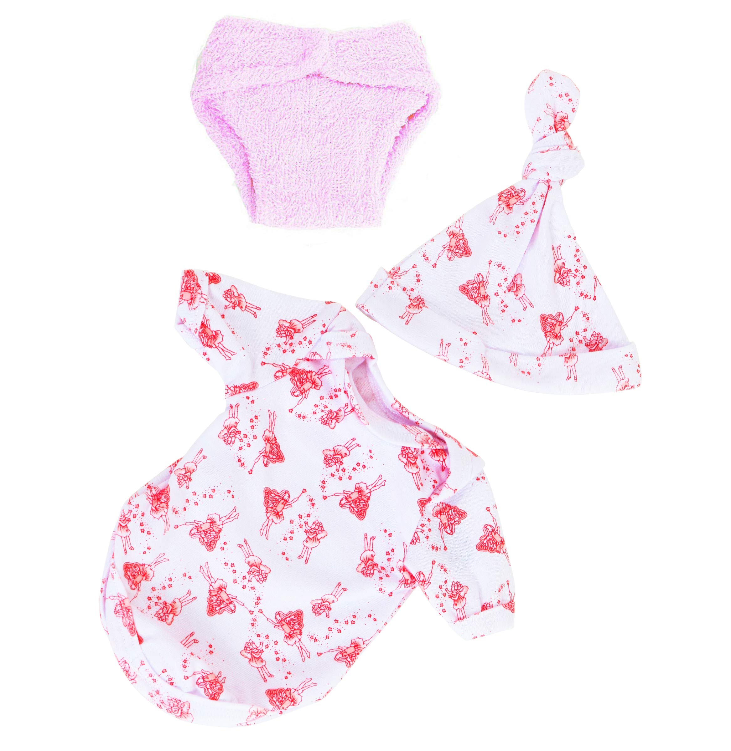 U.K Company BODYSUIT AND HAT SET IN FAIRY FABRIC WITH REUSABLE PINK TERRY NAPPY TO FIT STANDARD BABY BORN[ DOLL NOT INCLUDED]