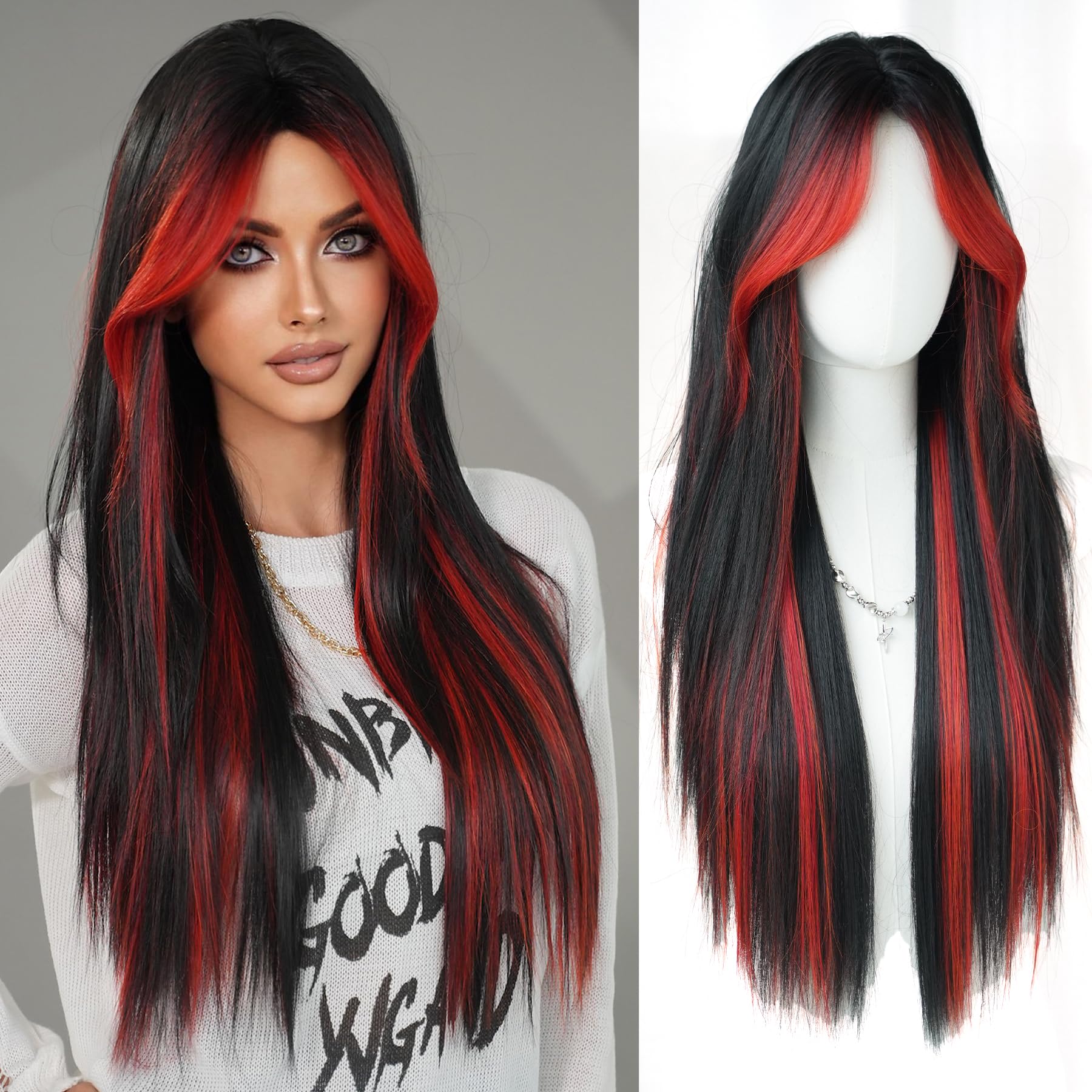 Amazon.com : 7JHH WIGS 31in Ombre Red Black Long Straight  display picture 1