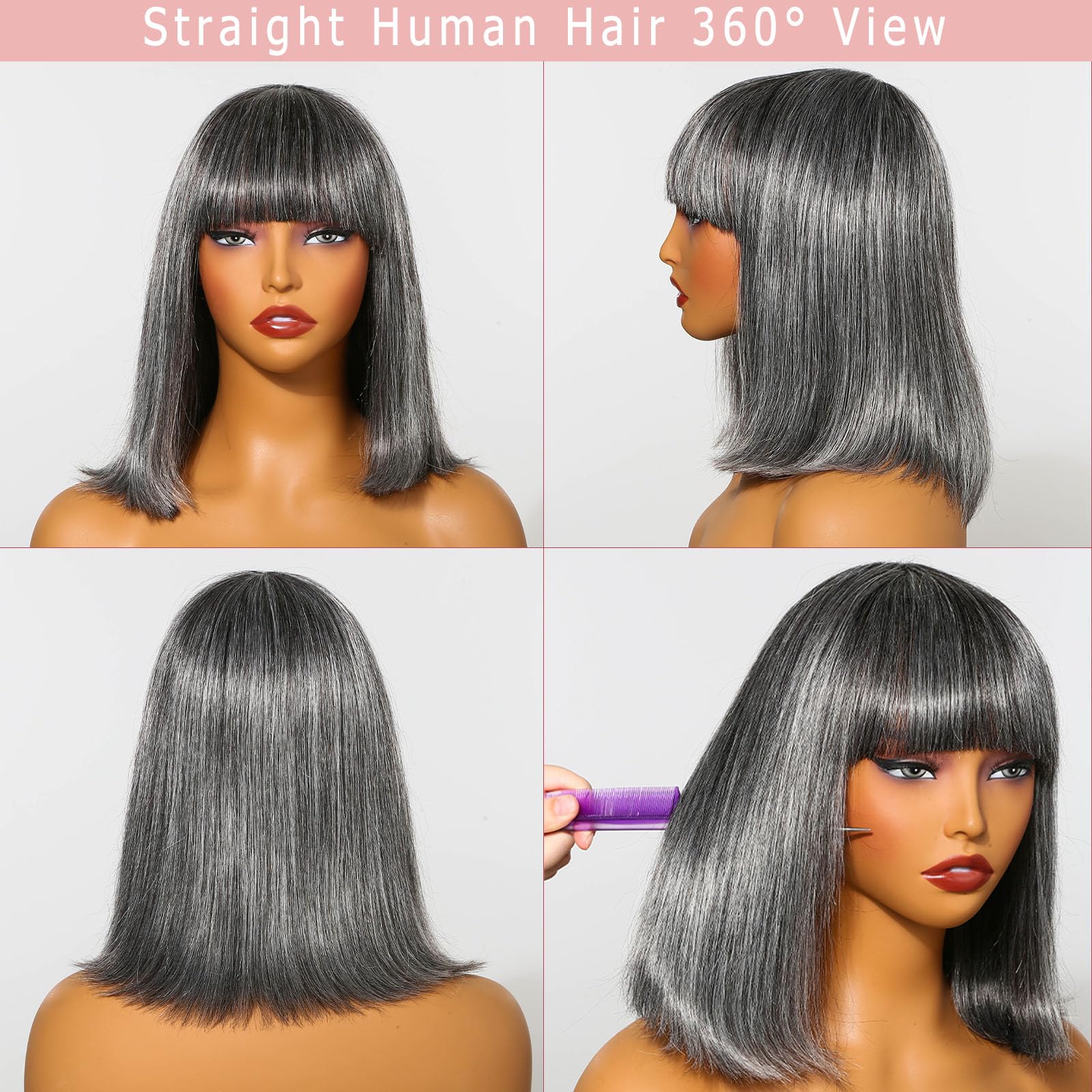 Salt and Pepper Human Hair Bob Wig with Bangs Glueless Straight Short 10 Inch Salt & Pepper Human Hair Pixie Cut Glueless Wig with Bangs main image 3