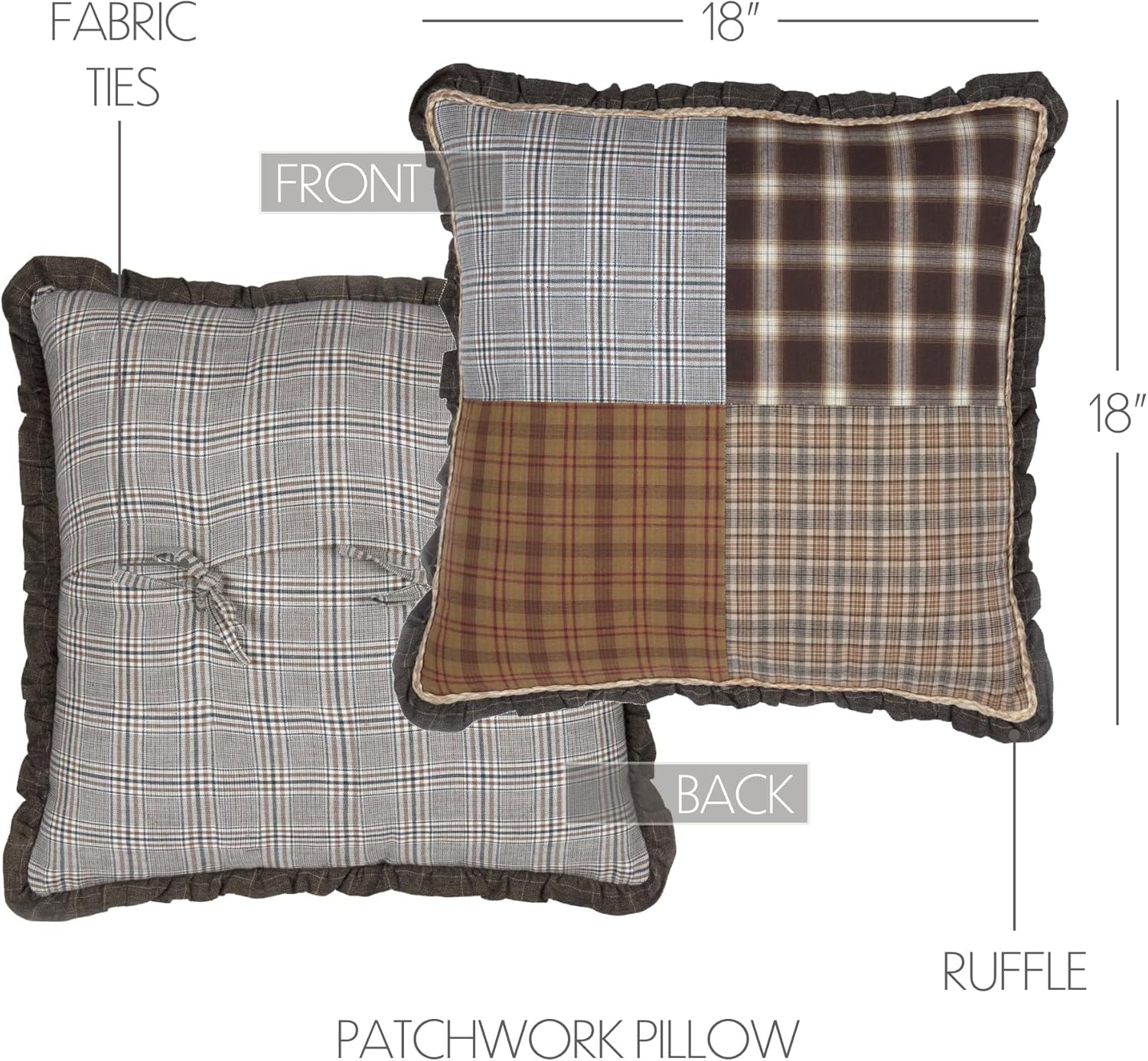 VHC Brands Rustic & Lodge Farmhouse Pillows & Throws-Rory Grey Patchwork 18" x 18" Pillow, 18x18