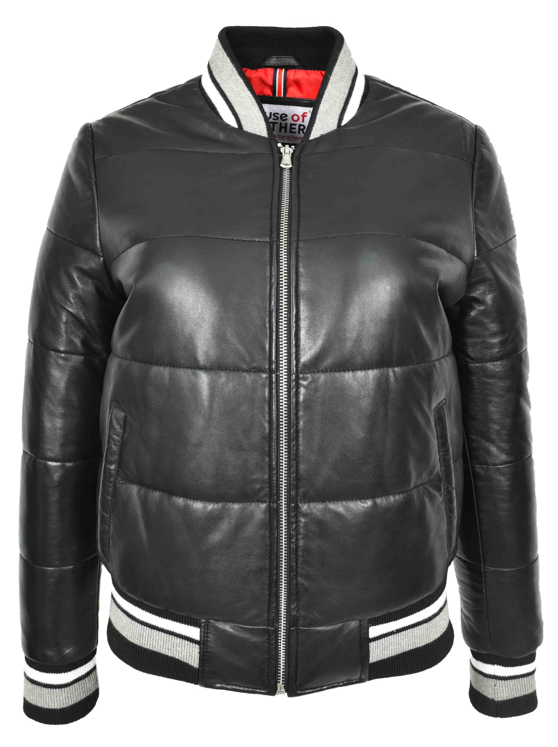 Womens Real Leather Puffer Bomber Jacket Dolly Black (UK, Numeric, 18, Regular, Regular, Black)