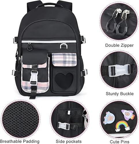 Miniatura 6 de Mochila para niñas - Mochila para libros, mochila escolar para niñas, niños, adolescentes, mujeres, casual, 1 unidad de color negro., Mochilas