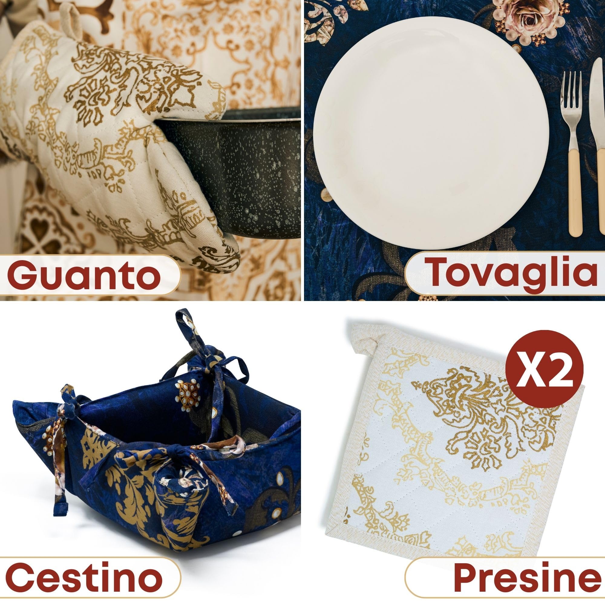 NAMAI - Set 8 Pezzi Danubio Blu, 100% Cotone, Lavabili in Lavatrice, Resistenti al Calore, Tovaglia Cotone 160x300, Runner Tavolo, Set Presine da Cucina e Strofinacci (Set Con Tovaglia 160x300)