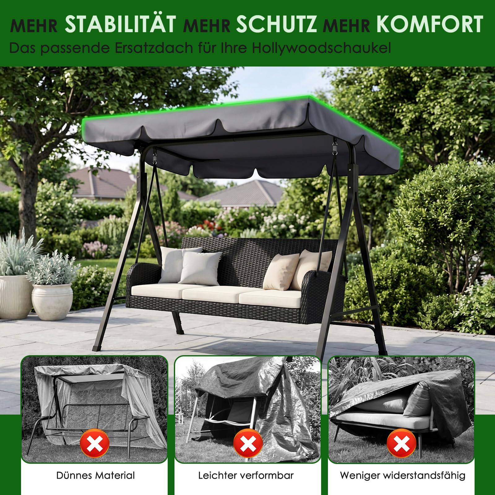 Hollywoodschaukel Dachbezug 3-Sitzer, 210x145cm, UV-Schutz | wetterfest, reißfest, Ersatzdach für Gartenschaukel, für Outdoor, Garten & Terrasse