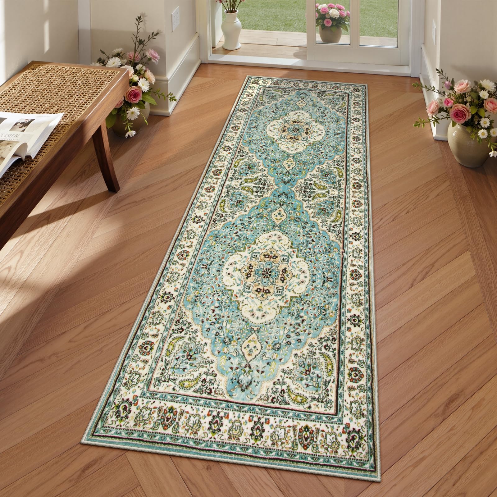 Lahome persian floral medallion runner rug - 2x6 hallway bedside turkish throw rug runner mat soft faux wool non-slip machine washable floor carpet for kitchen laundry bathroom, sky/baby blue
