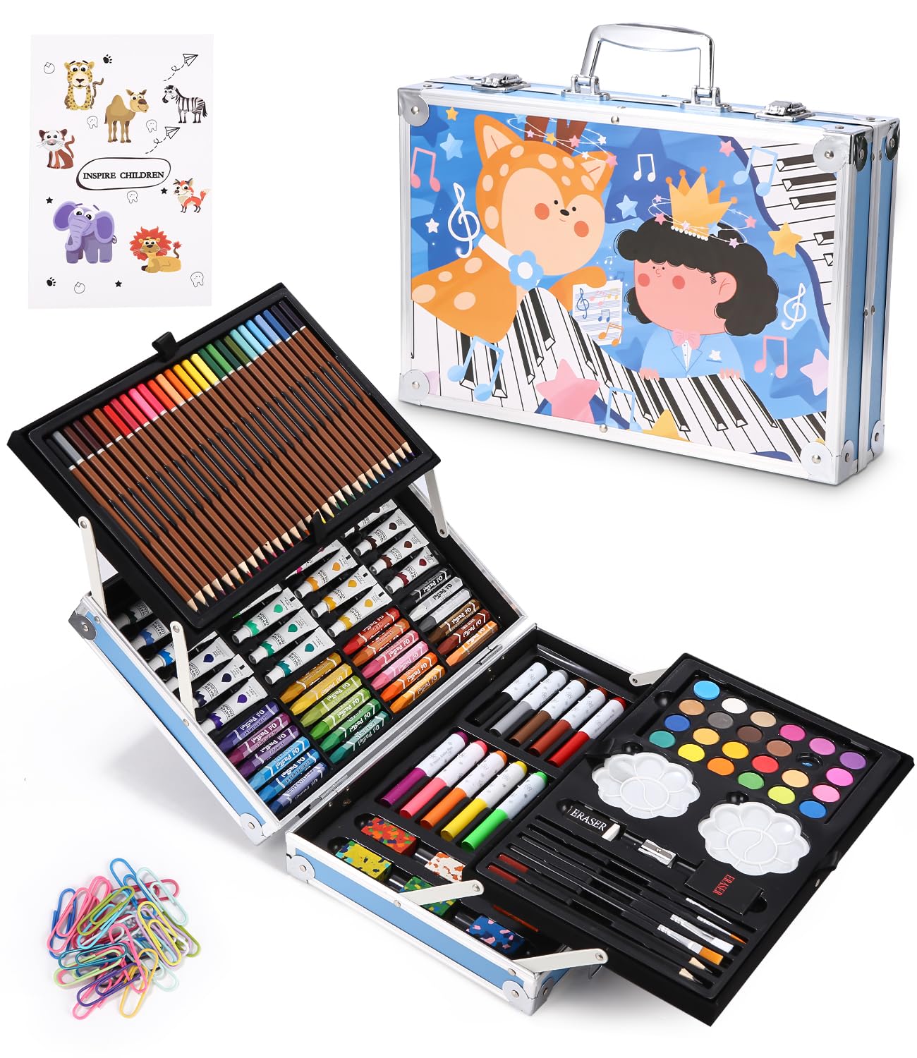 Juego de pintura de 168 piezas en maletín de aluminio con lápices de acuarela, juego de arte con lápices de acuarela, lápices de colores, colores, pasteles al óleo, suministros de pintura y dibujo,