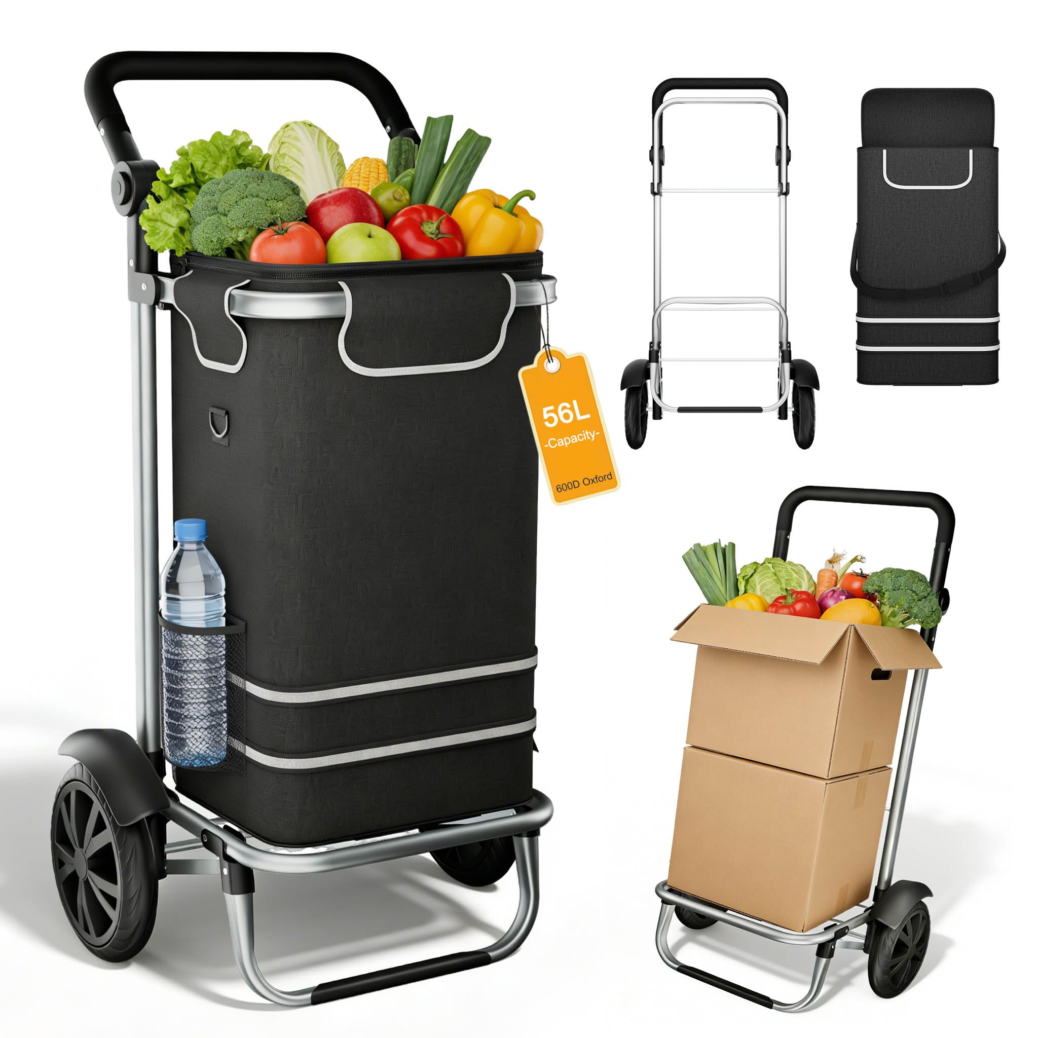 NAIZY Wózek na zakupy, składany, 56 l, z aluminium, do wchodzenia po schodach, nowoczesny wózek na zakupy z torbą Oxford 600D, wózek na zakupy dla seniorów, w podróży, do kampera (czarny)
