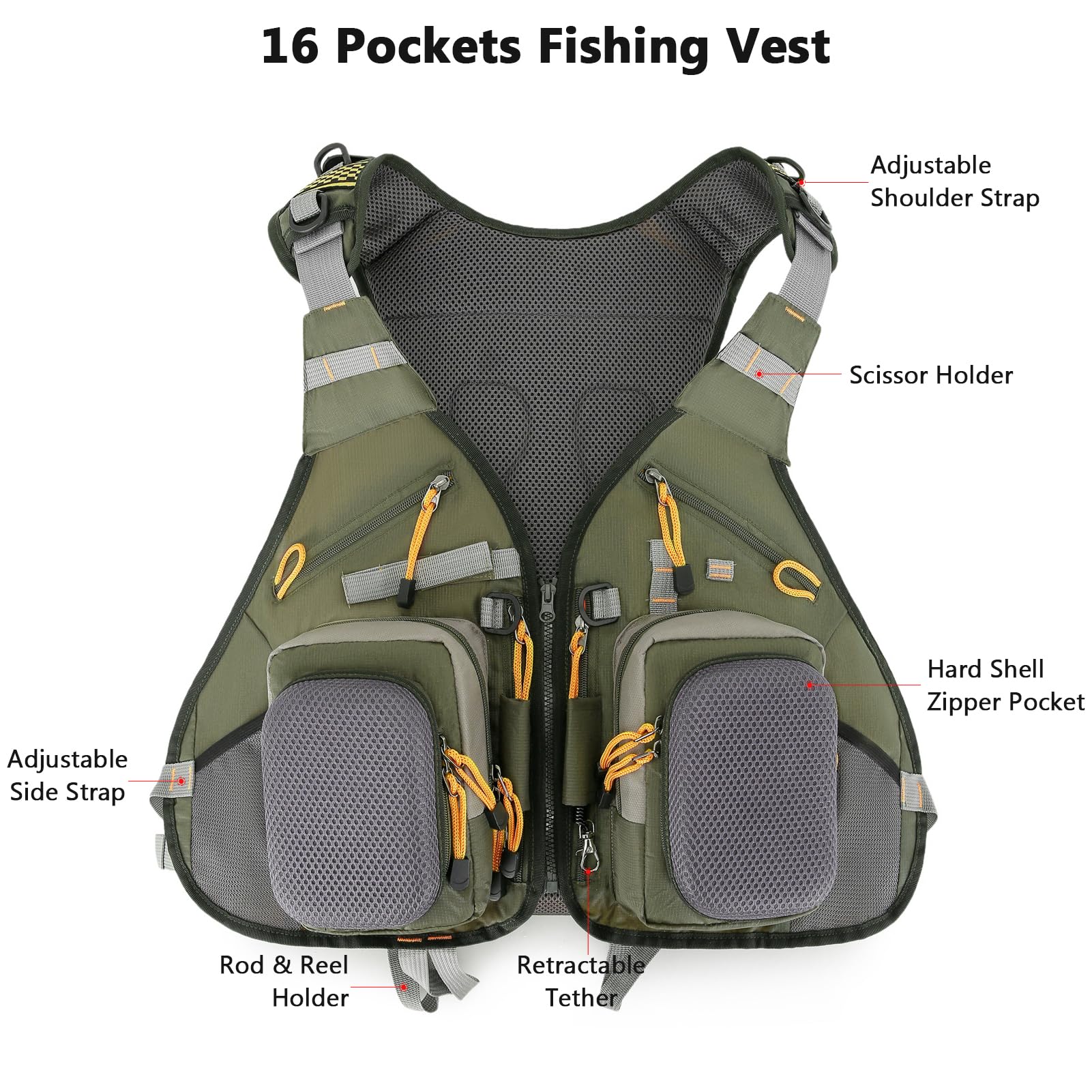 Gilet de pêche 16 Poches, Organisateur de matériel réglable et Durable avec Sac à Dos Extensible, idéal pour la pêche en lac, en ruisseau et en étang, Gilet en Polyester 55 x 52 x