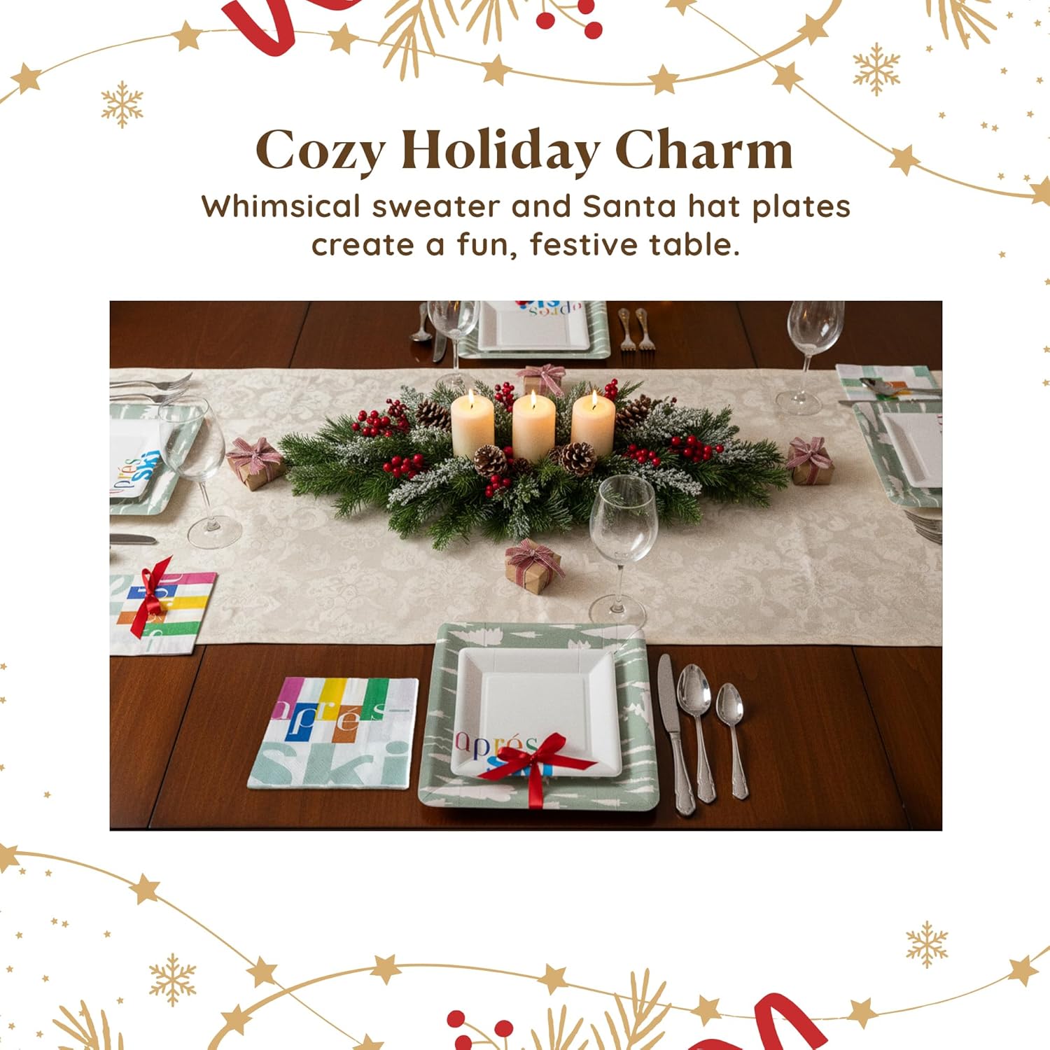 Christmas Plates & Napkins Set –Charlies Party Supply 8pcs Pine Tree Dinner Plates, 8pcs Après Ski Dessert Plate and 16pcs Napkins – Disposable Christmas Dinnerware for Holiday Parties & Gatherings