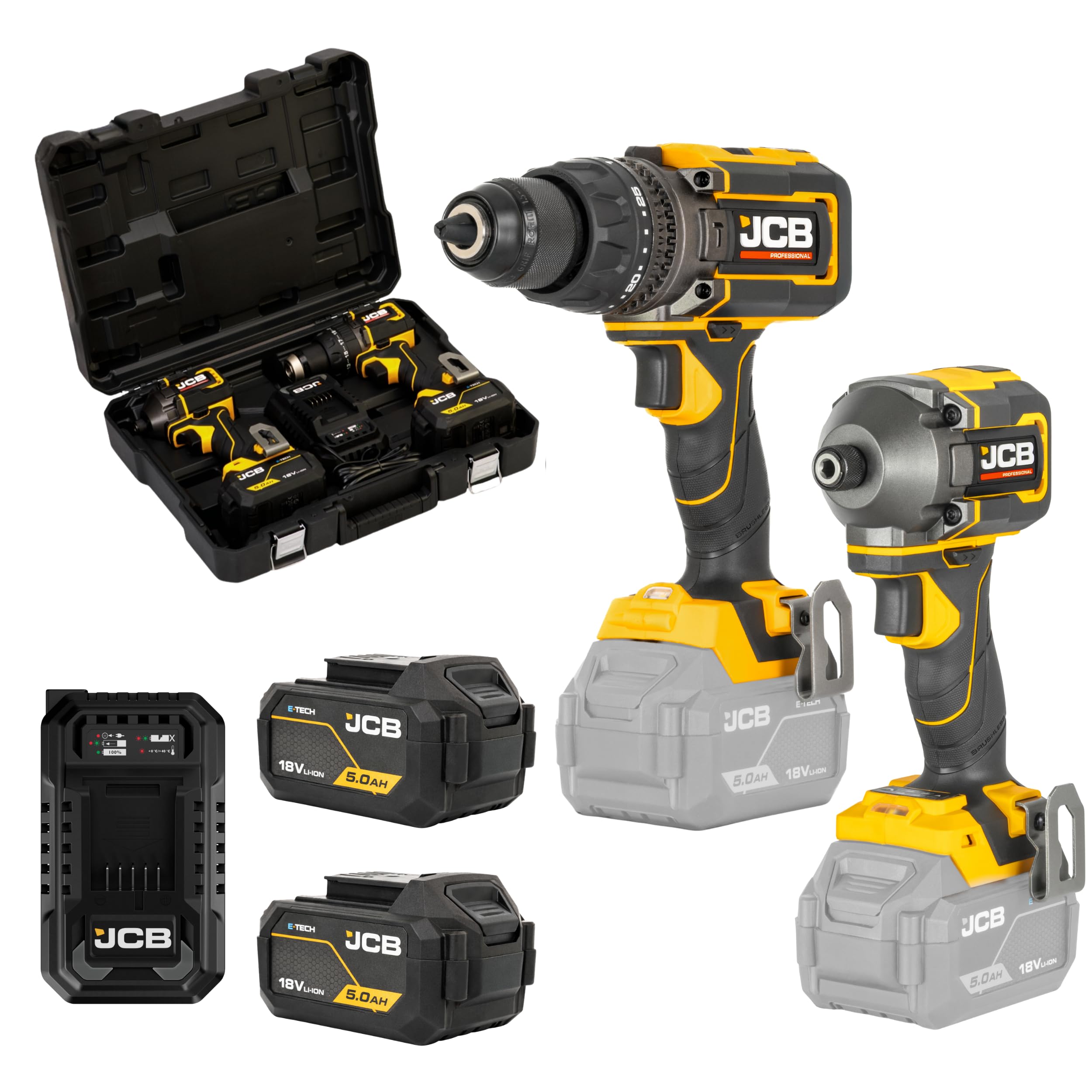 JCB Pro Cordless Combi Drill & Impact Driver 2 5Ah Batteries Charger & Case