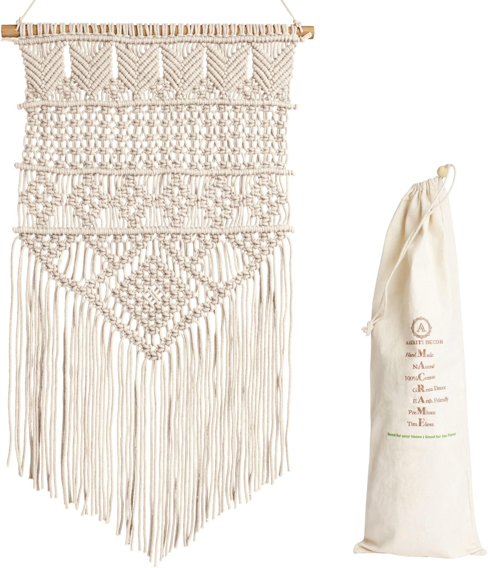 Aakriti Gallery Macrame wall hanging natural colored Boho wall hanging, beautifully designed with hand made raw cotton thread with soft wood as a base (Boho - Natural)