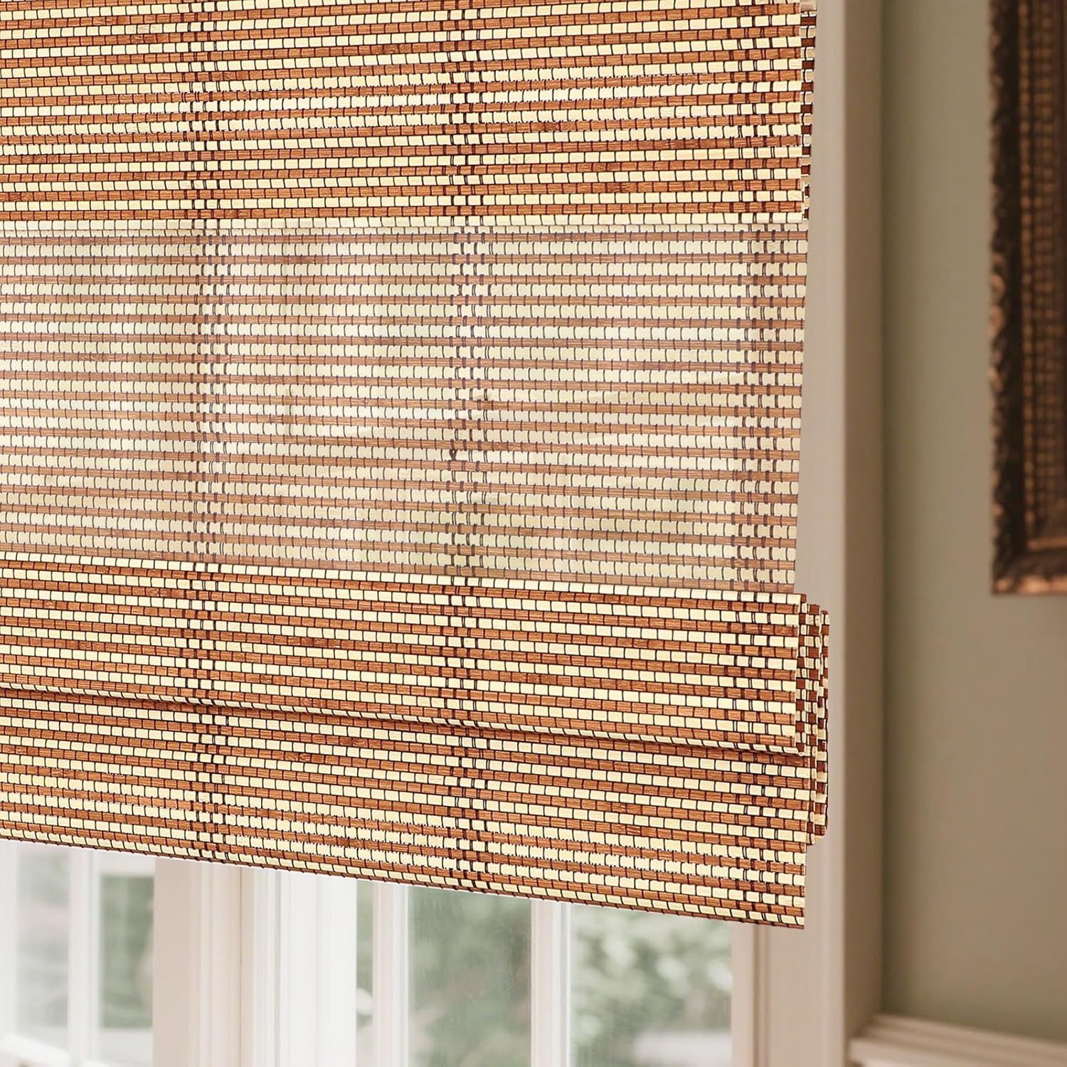 Sunbox Bamboo Roman Shades, Cordless Roman Blinds, Custom Window Blinds, Light Filtering Window Treatment, Natural Two Tone Bamboo Woven Wood Roman Shades for Indooer Windows, French Doors