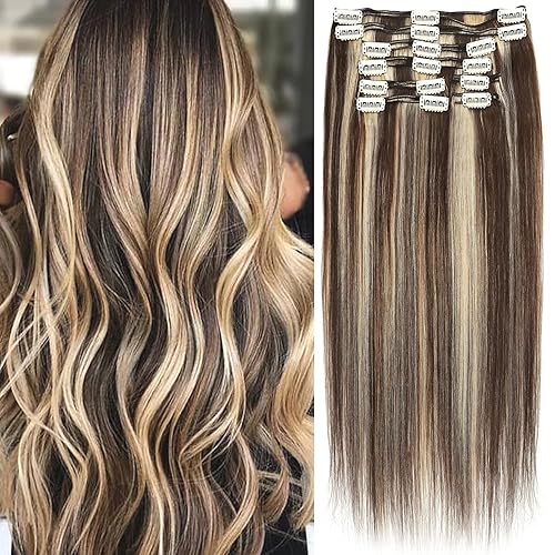 Miniatura 8 de S-noilite Extensiones de cabello humano con pinzas, balayage, grueso, doble trama, 100% cabello humano real, cabeza completa, 8 piezas, 18 clips,