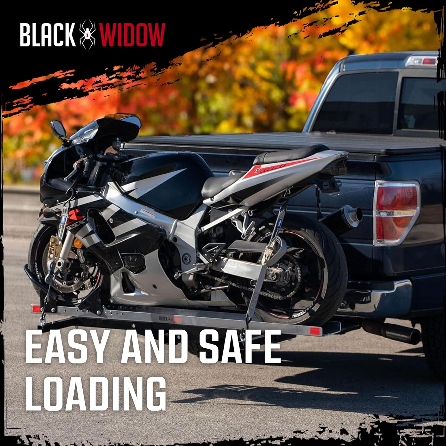 Black Widow Motorcycle Hitch Carrier Heavy Duty Steel and Aluminum Extra Long 6FT Loading Ramp 600 lb. Capacity Anti-Rattle Included Fits 2" Receiver